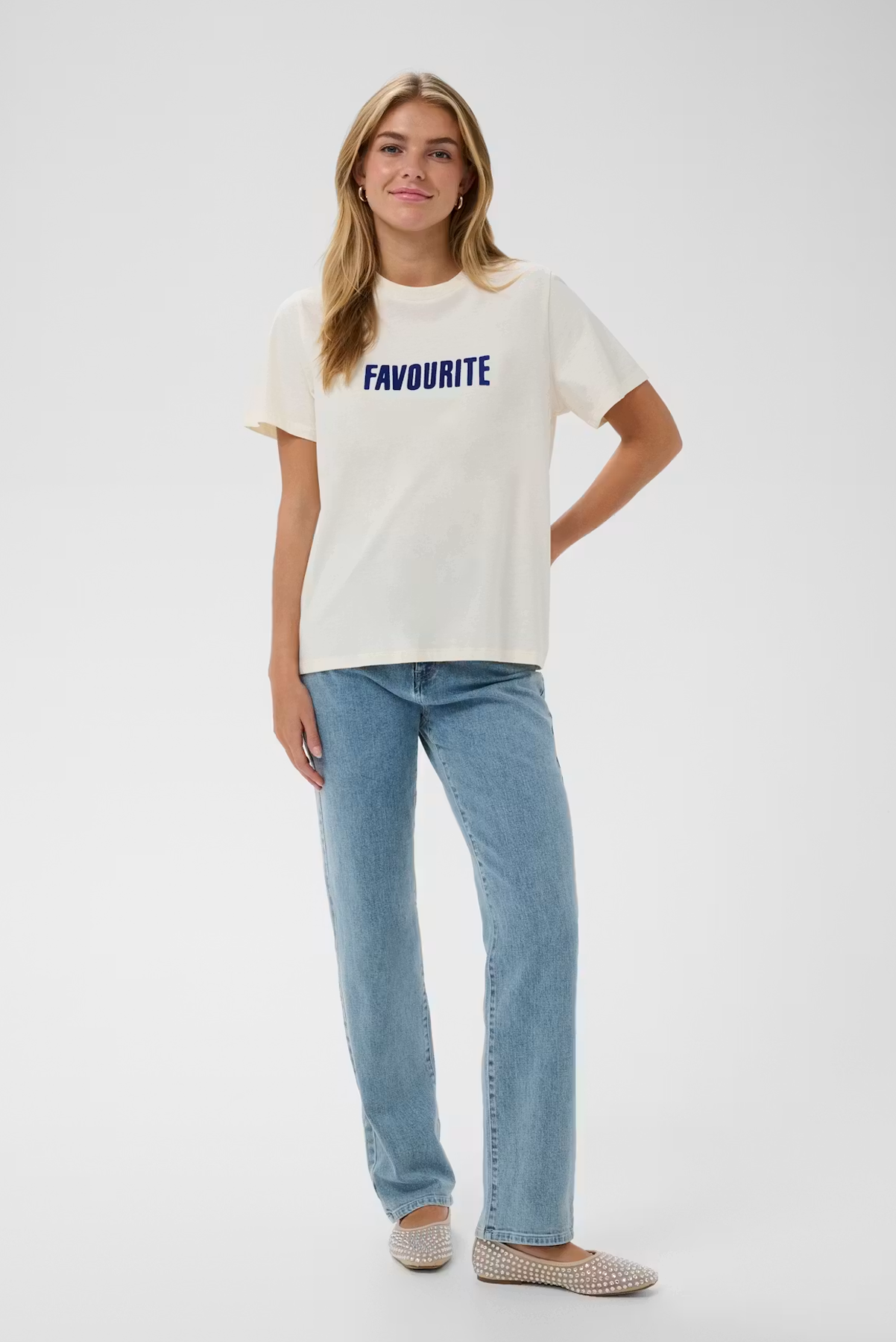 SAINT TROPEZ PALINA TSHIRT COTTON TEE IVORY WHITE ICE BLUE LOGO TEE