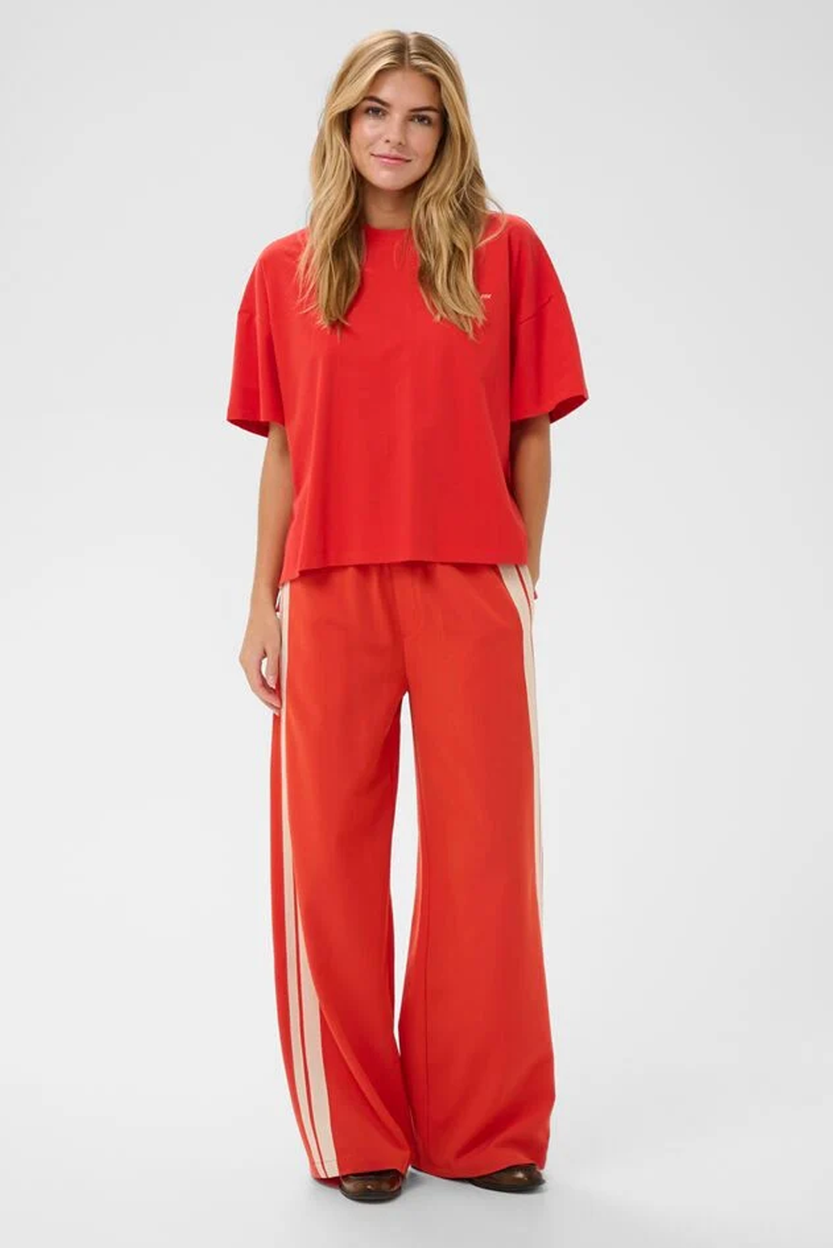 SAINT TROPEZ PASCALE PANT POLYESTER VISCOSE RED POPPY CAMEL TAN TIGERS EYE STIRPE TROUSER