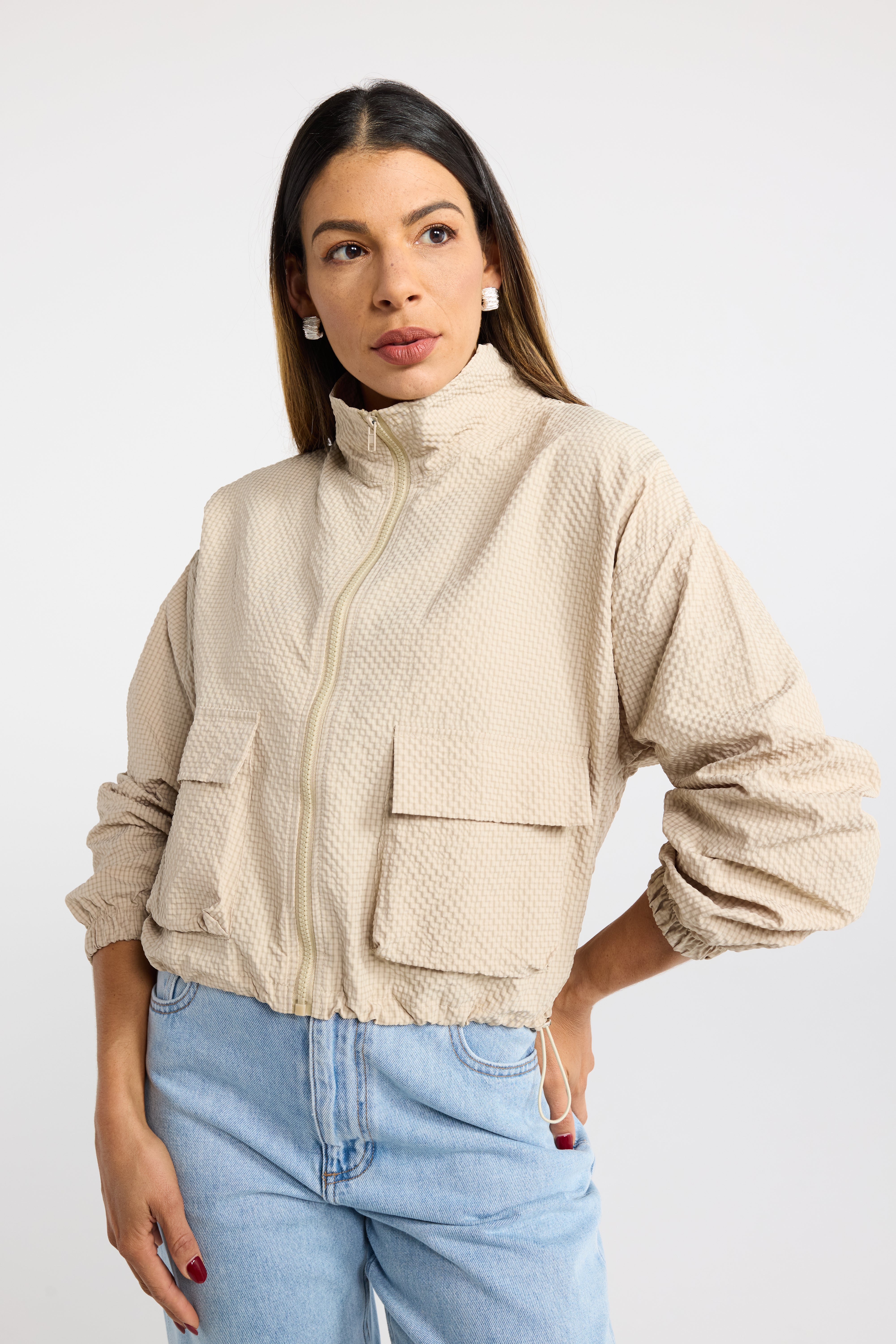 INK PAVER JACKET CEMENT BLACK WHITE SHELL JACKET LIGHT WEIGHT JACKET FUNNEL NECK CROPPED JACKET FRONT POCKETS SPRING JACKET TEXTURED JACKET