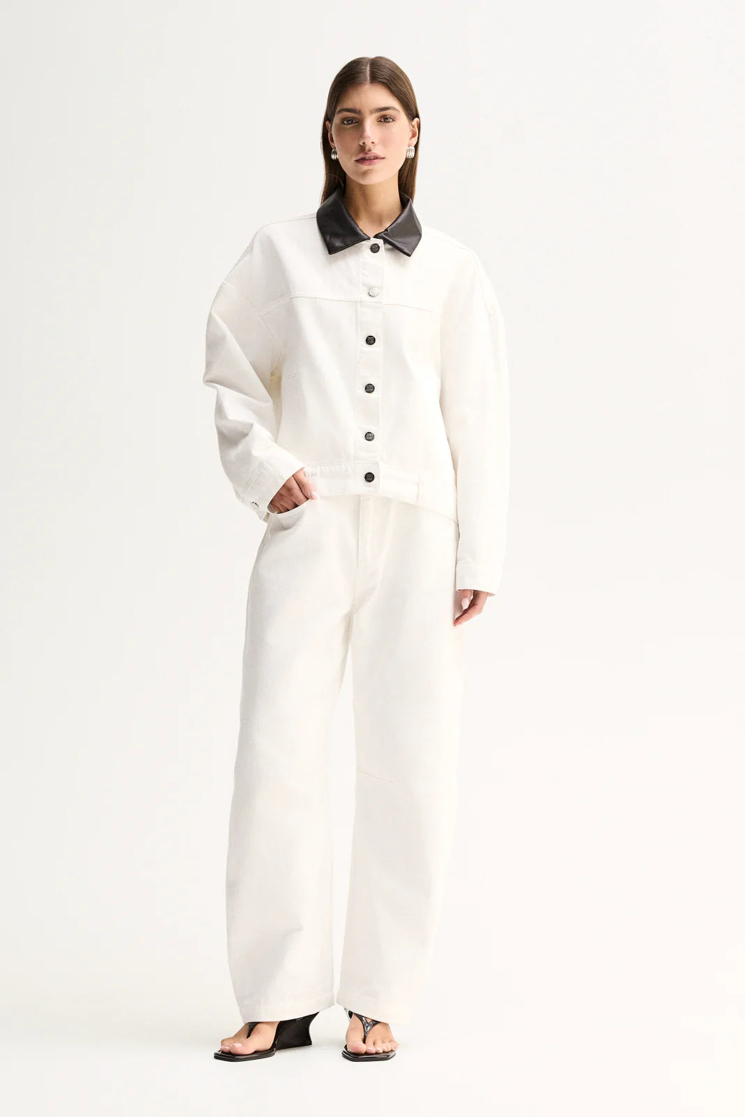ELKA COLLECTIVE PERKINS DENIM JACKET WHITE VEGAN LEATHER ESPRESSO