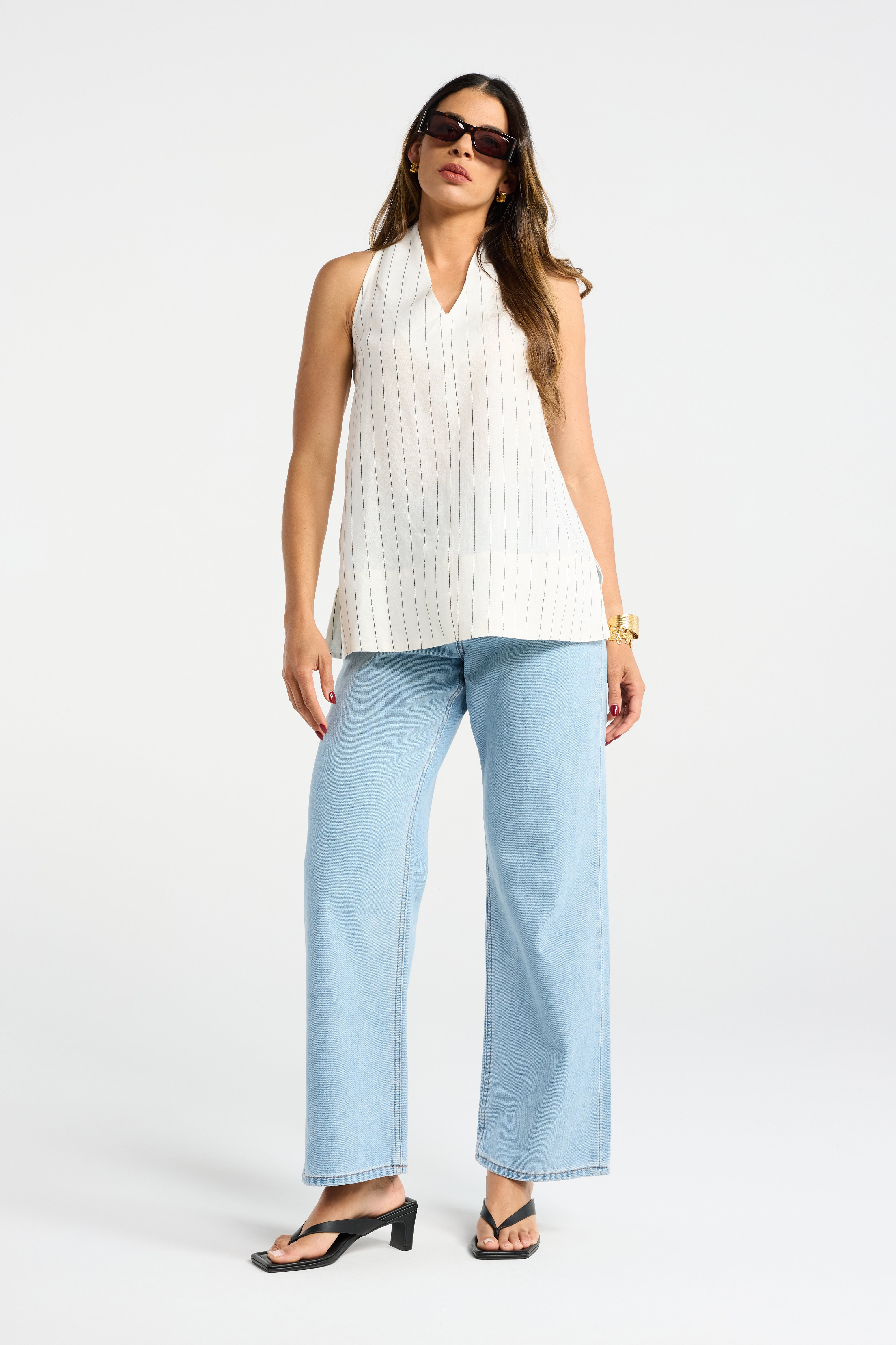 INK PORTRAIT LINEN TOP STRIPE HALTER NECK WHITE BLACK BROWN BEIGE TAN V NECK A LINE TOP