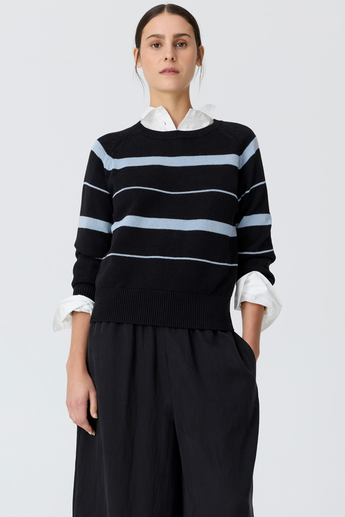 POL ROSIN STRIPE KNIT BLUE BLACK PEBBLE CHALK STRIPE
