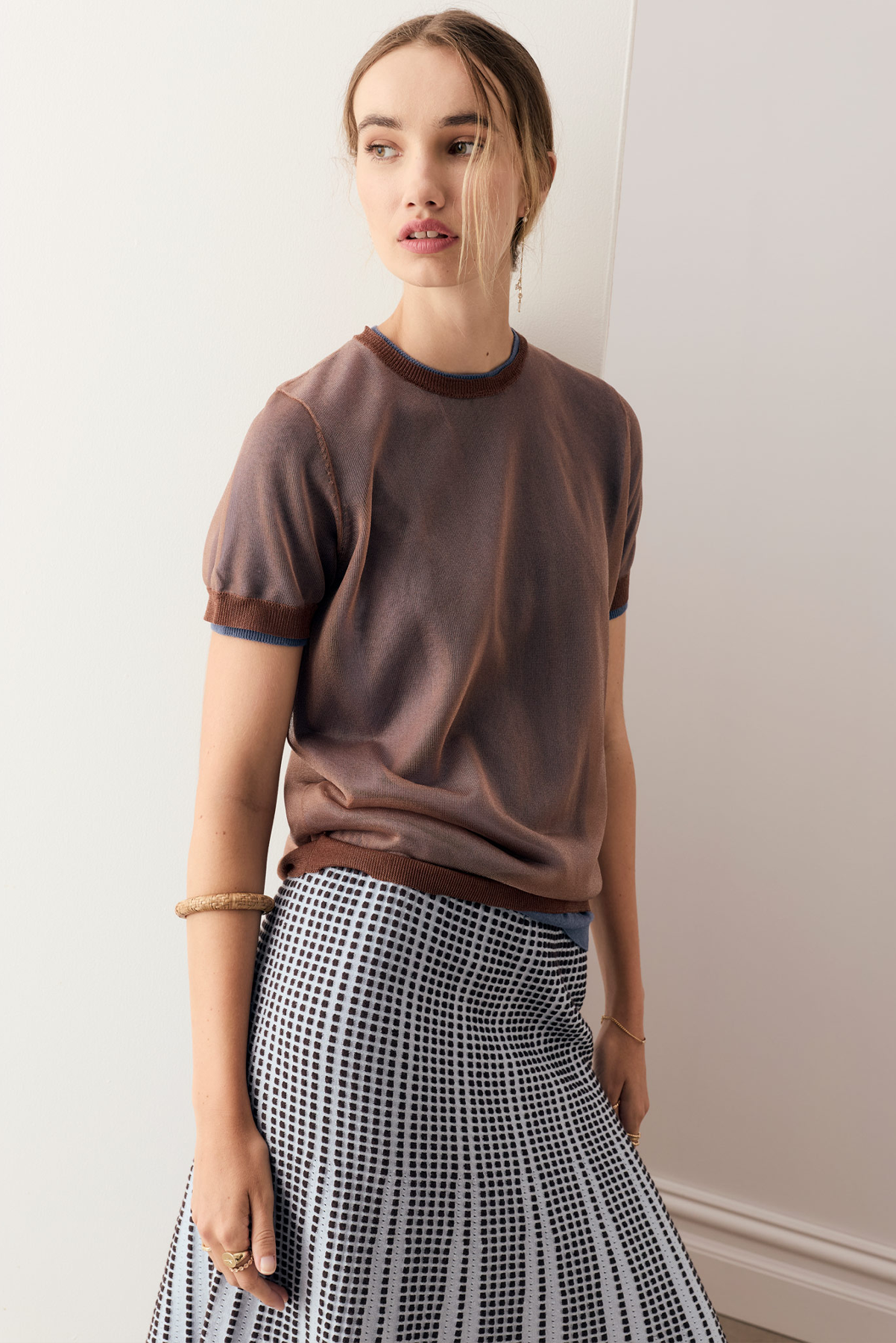 POL EVLYN KNIT SKIRT LINEN COTTON BLUE BROWN CHOCOLATE MIDI SKIRT