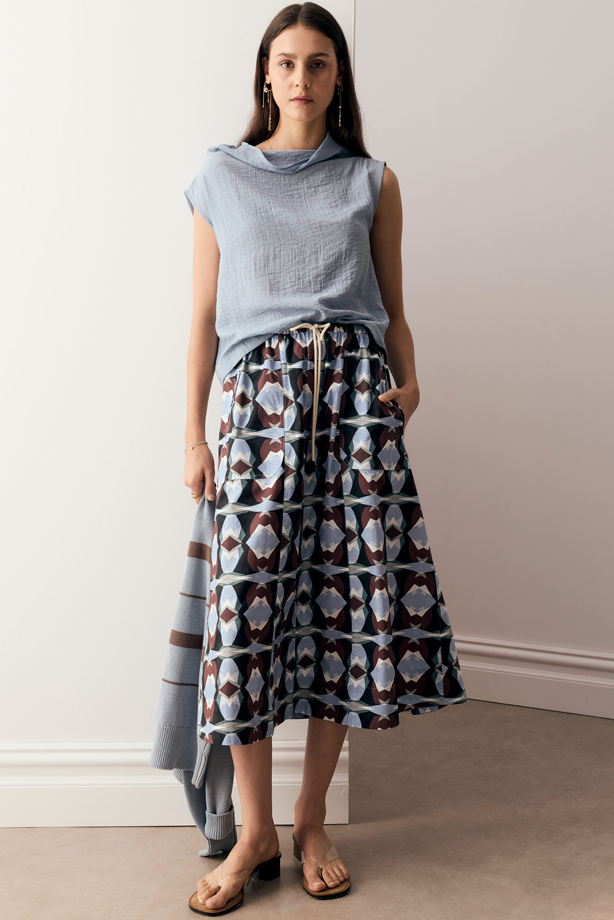 POL FENNEL COWL NECK TOP BLUE RAYON NYLON