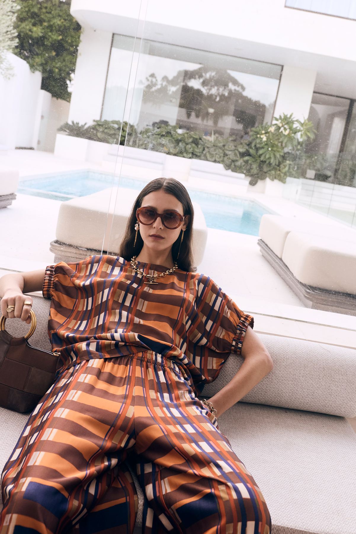 POL LATTICE TOP ORANGE VISCOSE RAYON STRIPE