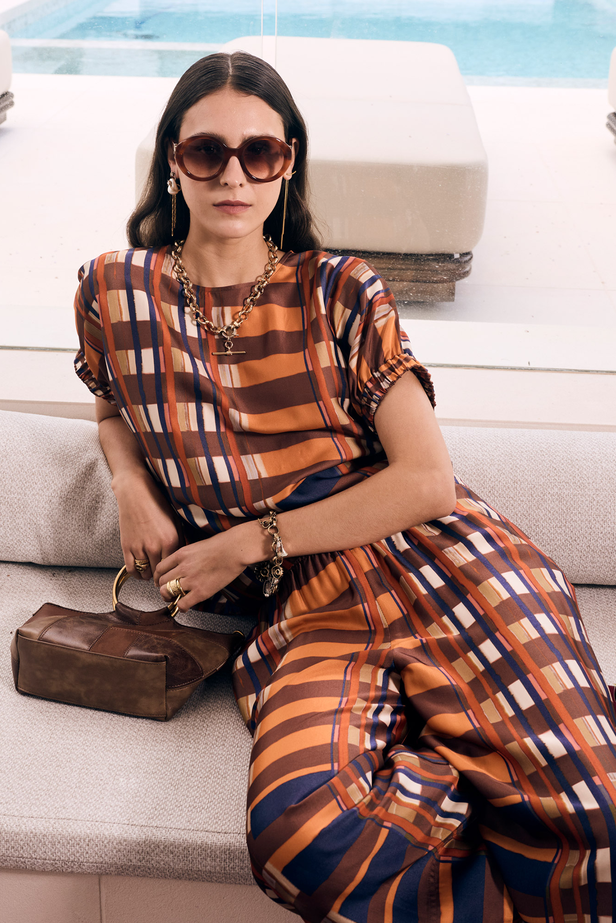 POL LATTICE TOP ORANGE VISCOSE RAYON STRIPE