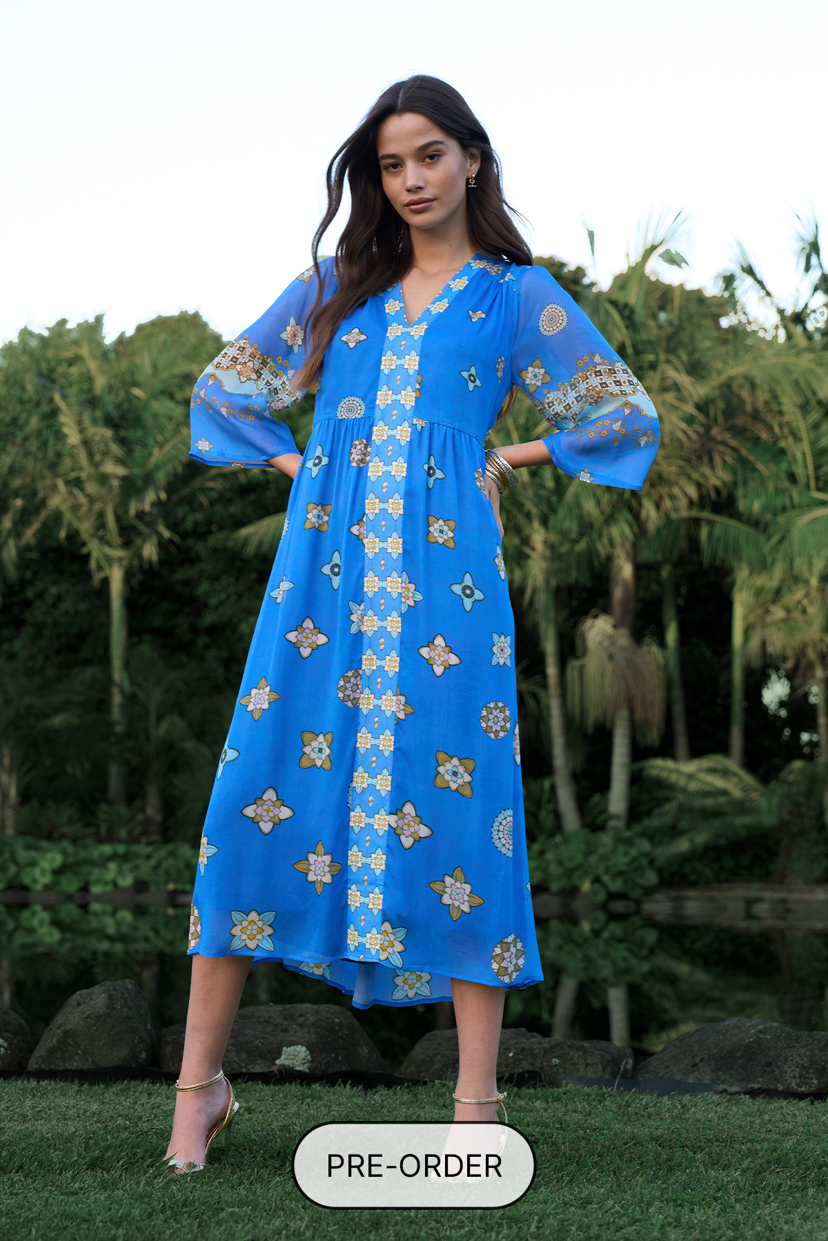 LOOBIES STORY DAMBULLA MIDI DRESS RAYON NYLON BLUE FLROAL DRESS