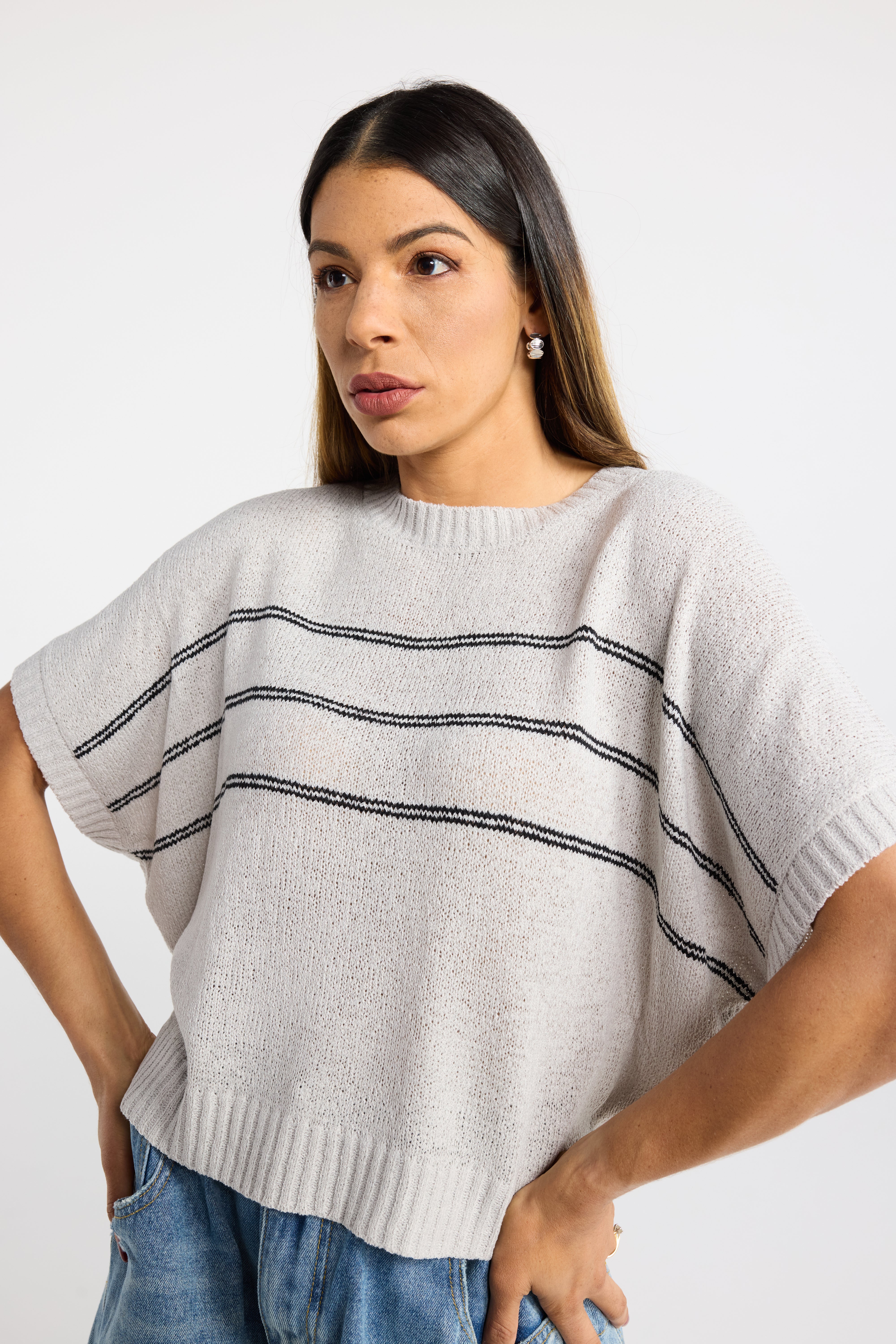 INK RAILS KNIT TOP BAT5 WING BOXY OVERSIZED DOUBLE STRIPE KNIT TOP GREY BLACK