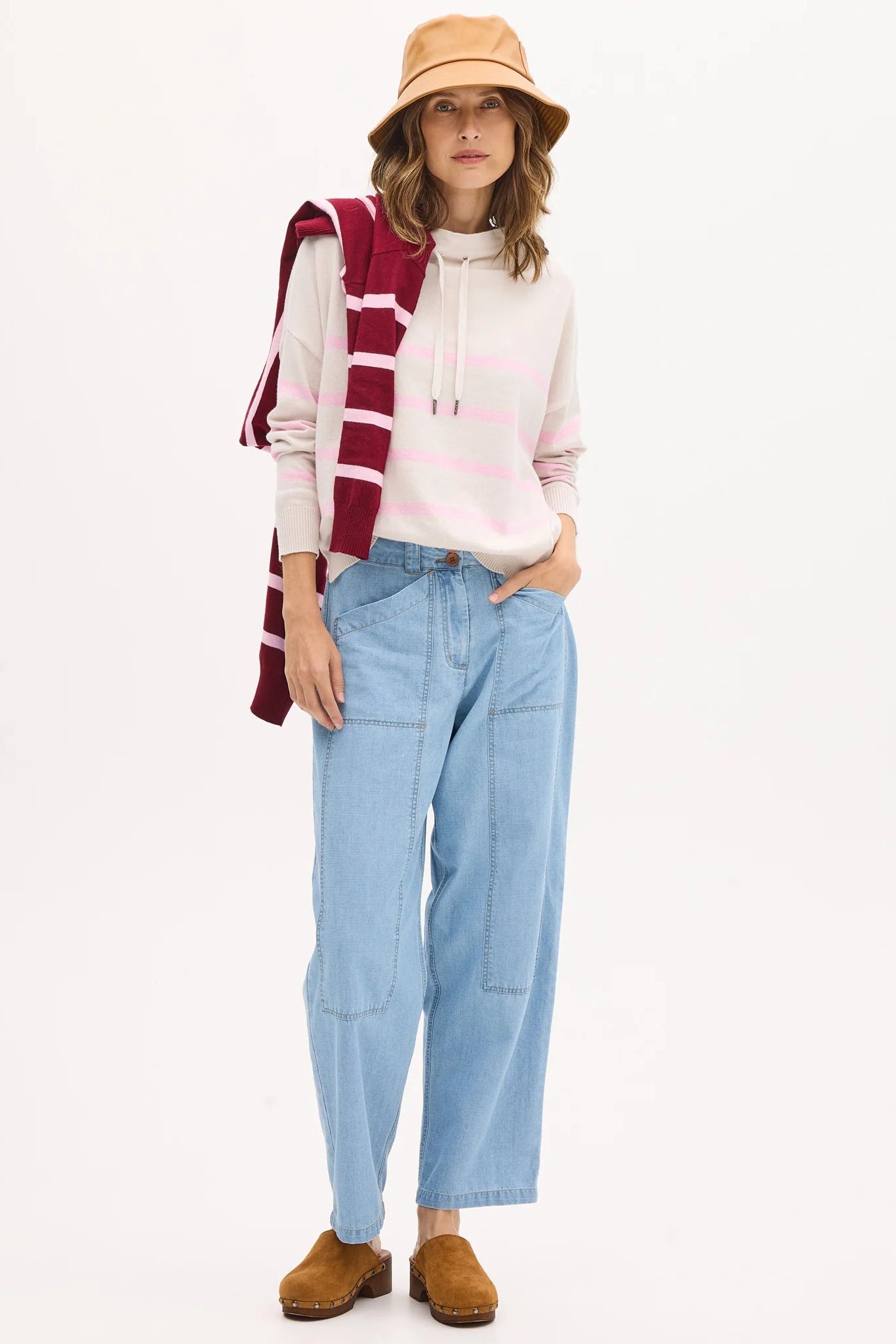 POL ROWAN DRAWCORD KNIT CASHMERE COTTON PINK NATURAL PINK STRIPE RELAXED FIT FUNNEL NECK KNIT TOP SWEATER