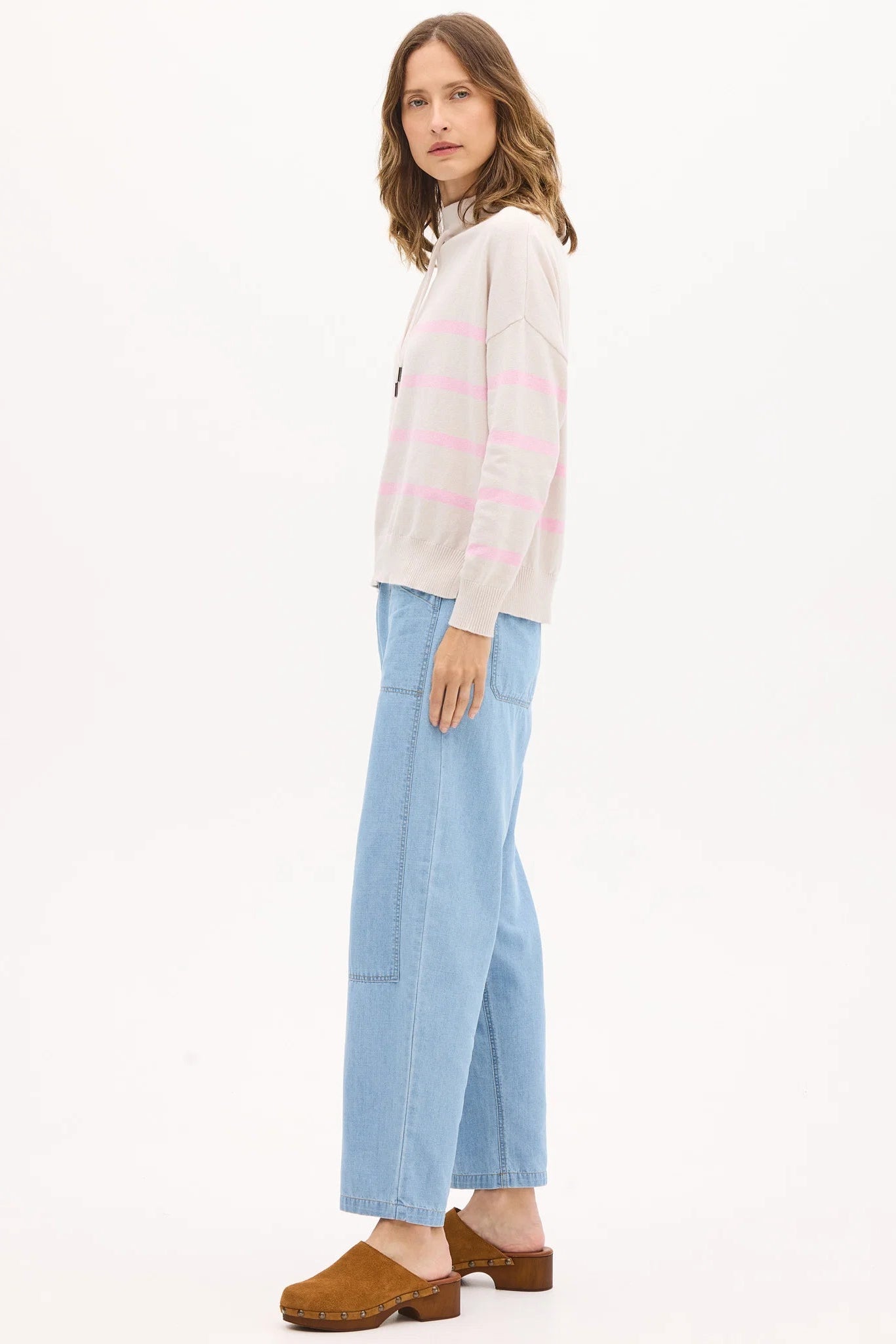 POL ROWAN DRAWCORD KNIT CASHMERE COTTON PINK NATURAL PINK STRIPE RELAXED FIT FUNNEL NECK KNIT TOP SWEATER