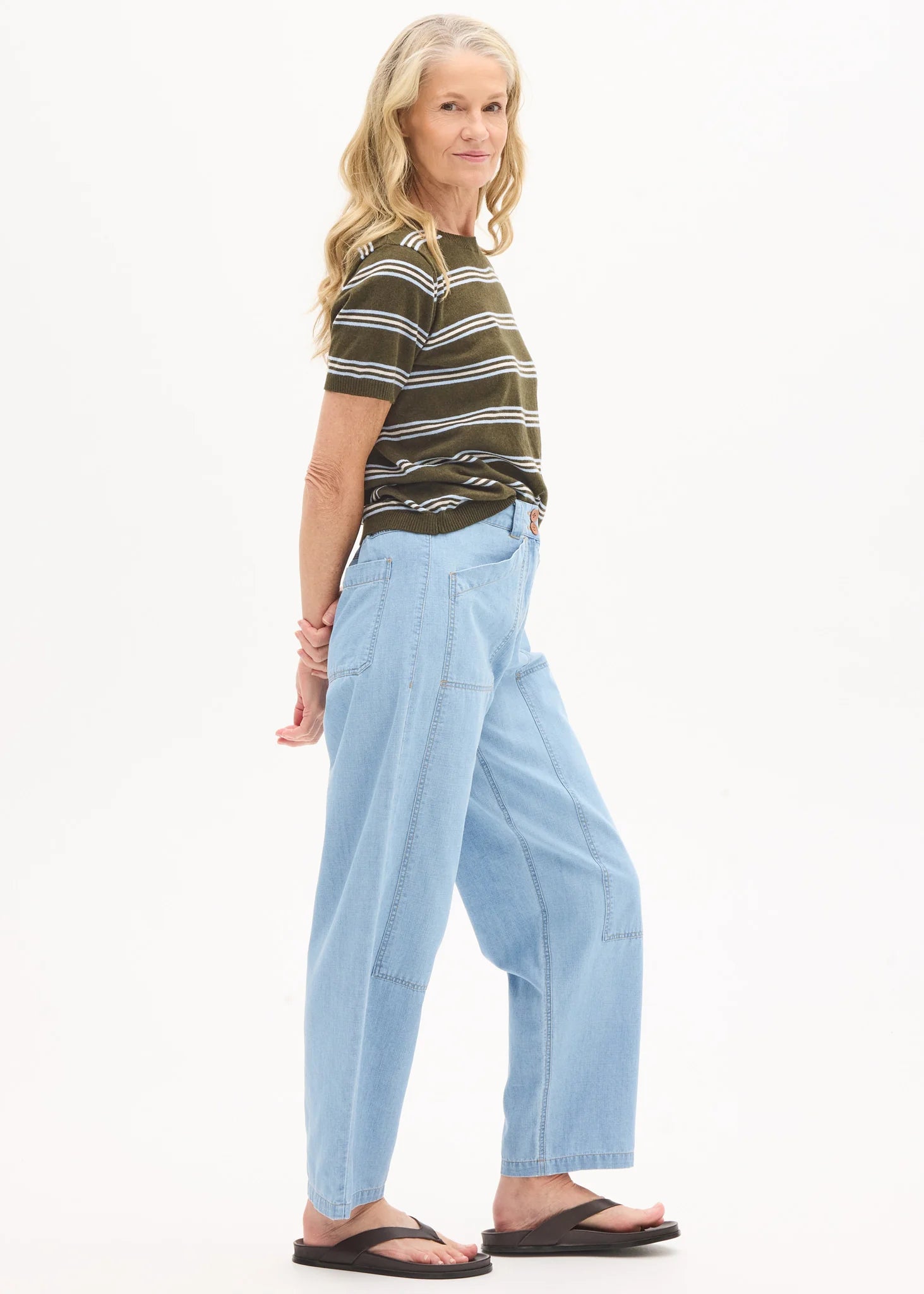 POL ROWAN STRIPE TEE CASHMERE COTTON GREEN OLIVE KHAKI BLUE LIGHT BLUE SKY BLUE YELLOW BUTTER CHALK STRIPE RELAXED FIT ROUND NECK SHORT SLEEVE KNIT TOP SWEATER