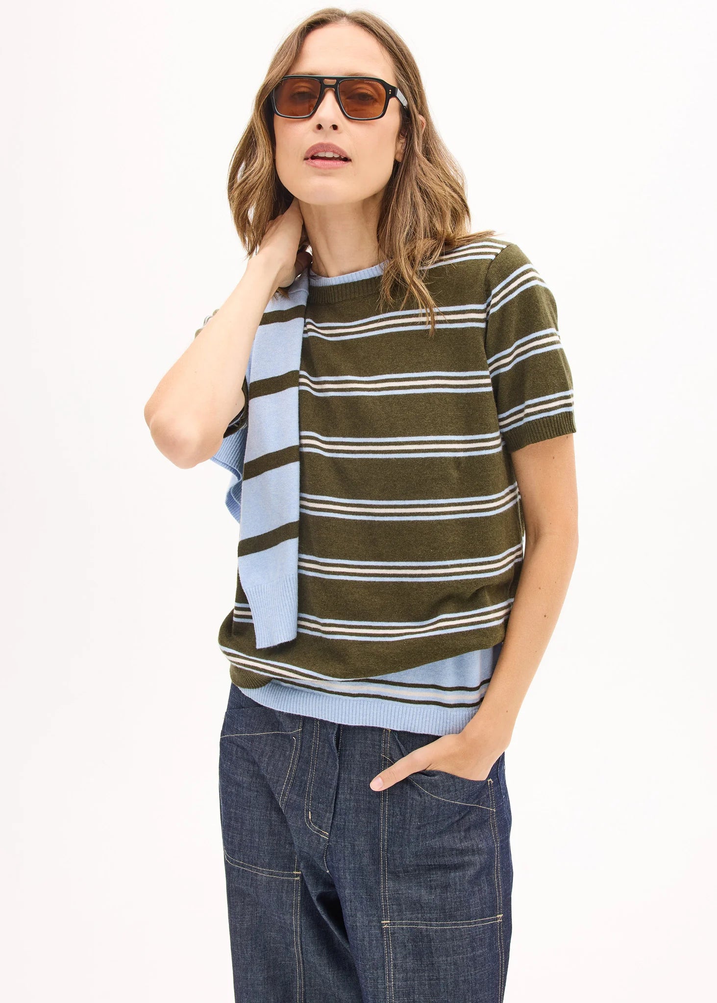 POL ROWAN STRIPE TEE CASHMERE COTTON GREEN OLIVE KHAKI BLUE LIGHT BLUE SKY BLUE YELLOW BUTTER CHALK STRIPE RELAXED FIT ROUND NECK SHORT SLEEVE KNIT TOP SWEATER