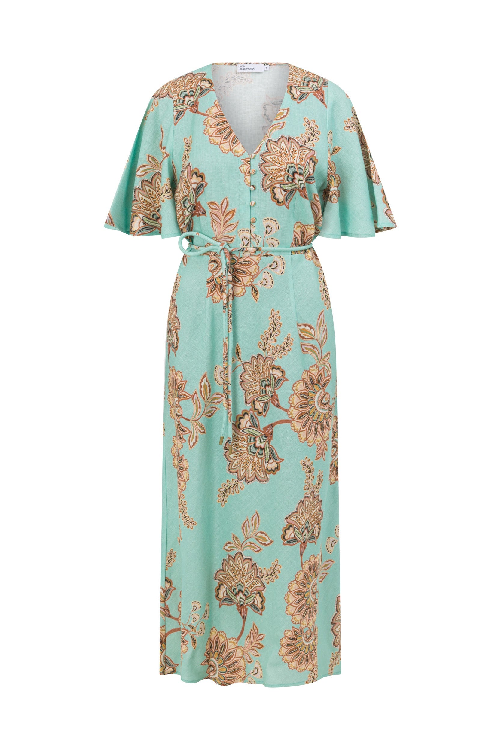 ZOE KRATSMANN PREMIER DRESS A MINT MAXI DRESS WITH A FLORAL PRINT, FLOATY SLEEVES, BUTTONS ALONG THE CLEAVAGE AND A TIE AT THE WAIST