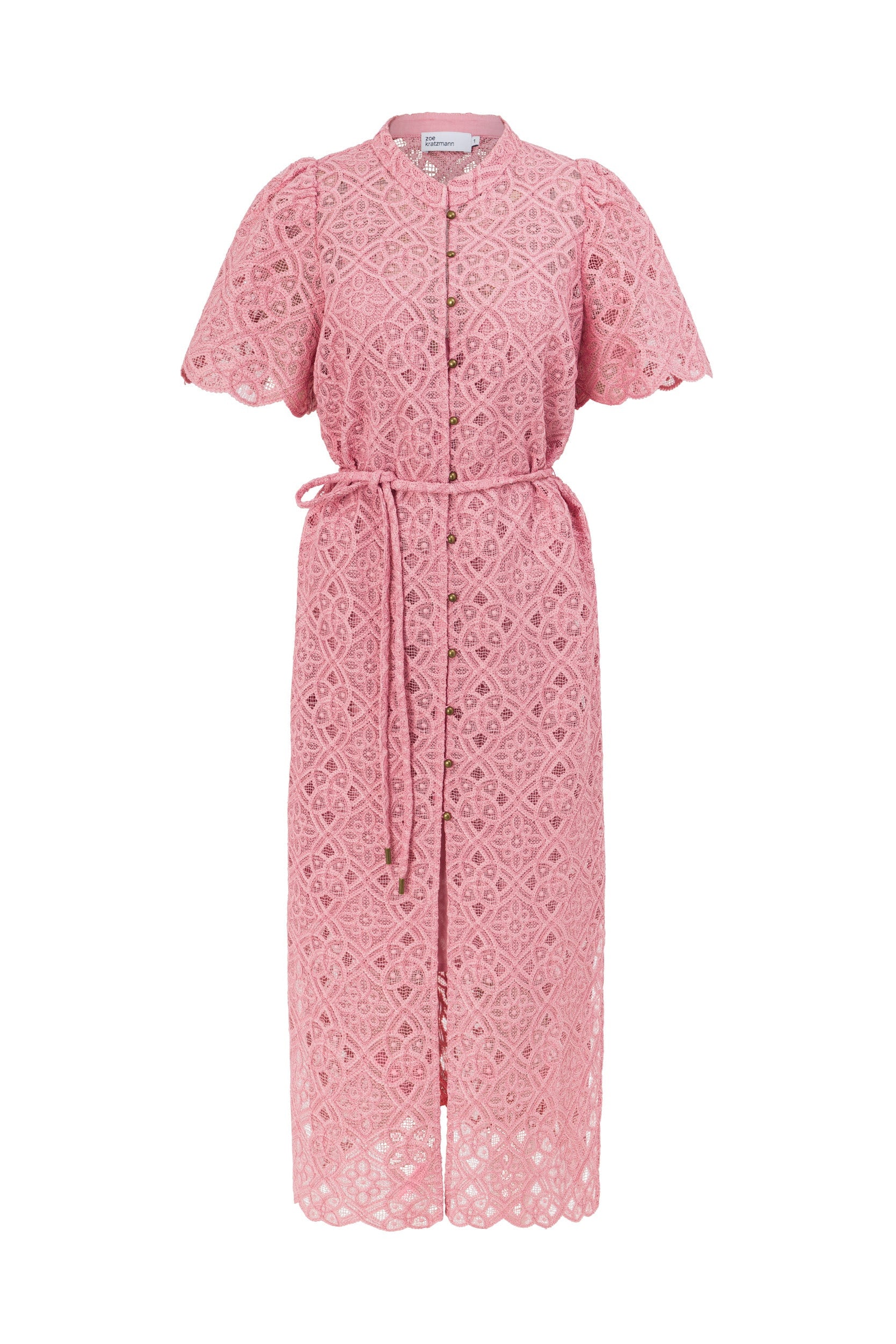 ZOE KRATZMANN GLOW DRESS PINK LACE MAXI BUTTON SHIRT DRESS NO COLLAR SCALLPOED HEM AND SLEEVES