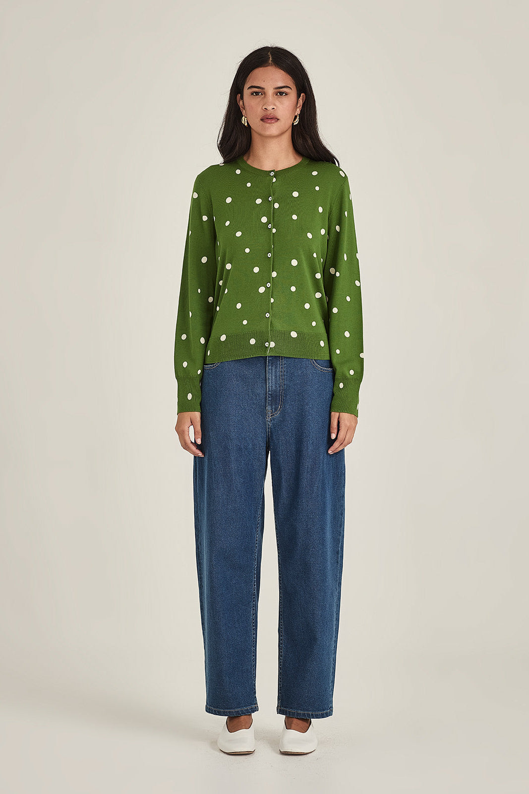SILLS KAIA SPOT CARDIGAN COTTON KNIT CARDIGAN NAVY WITH CREAM SPOT, GREEN WITH CREAM SPOT