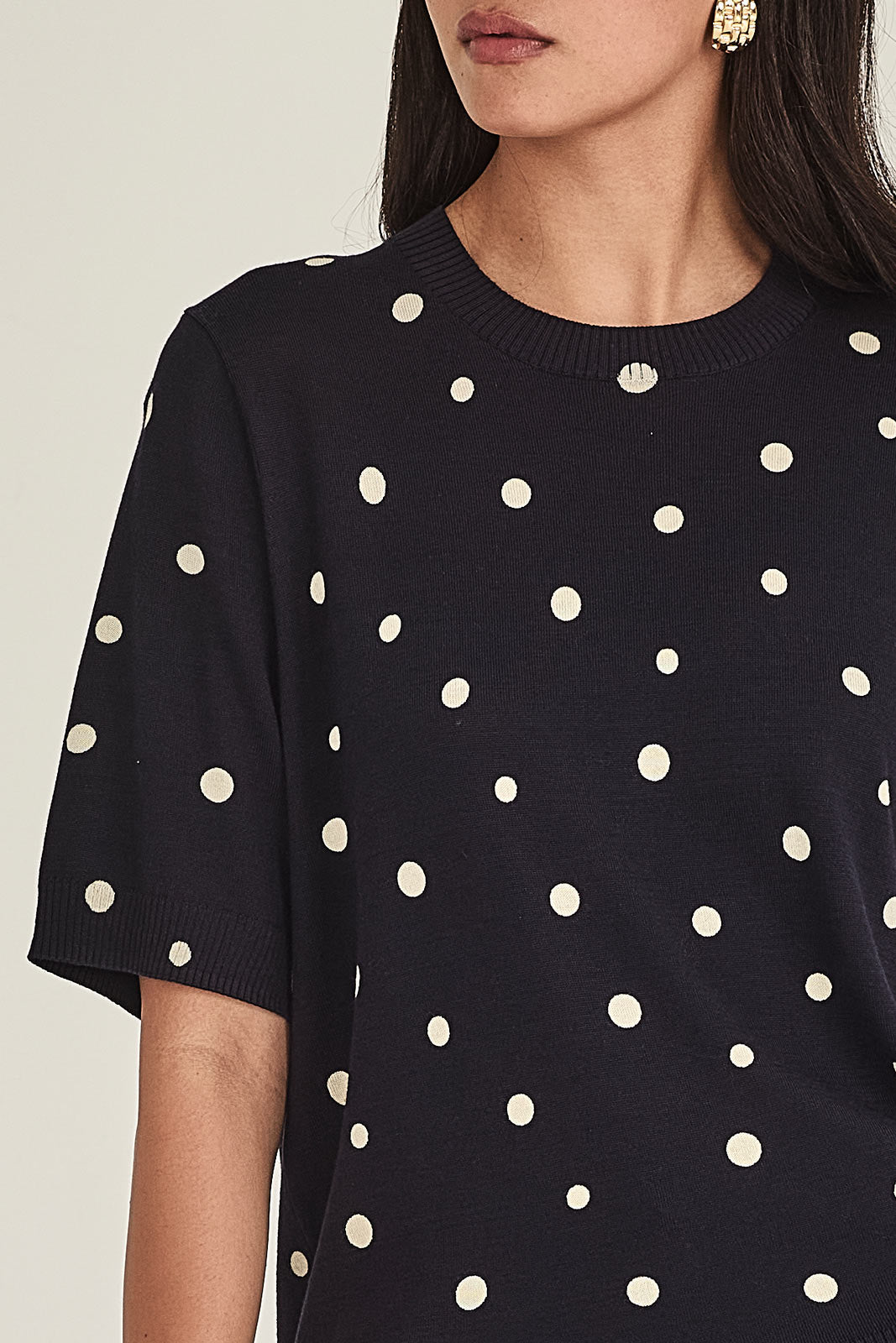 SILLS AVA SPOT TEE COTTON BLEND KNIT TEE GREEN WITH CREAM SPOTS AND NAVY WITH CREAM SPOTS