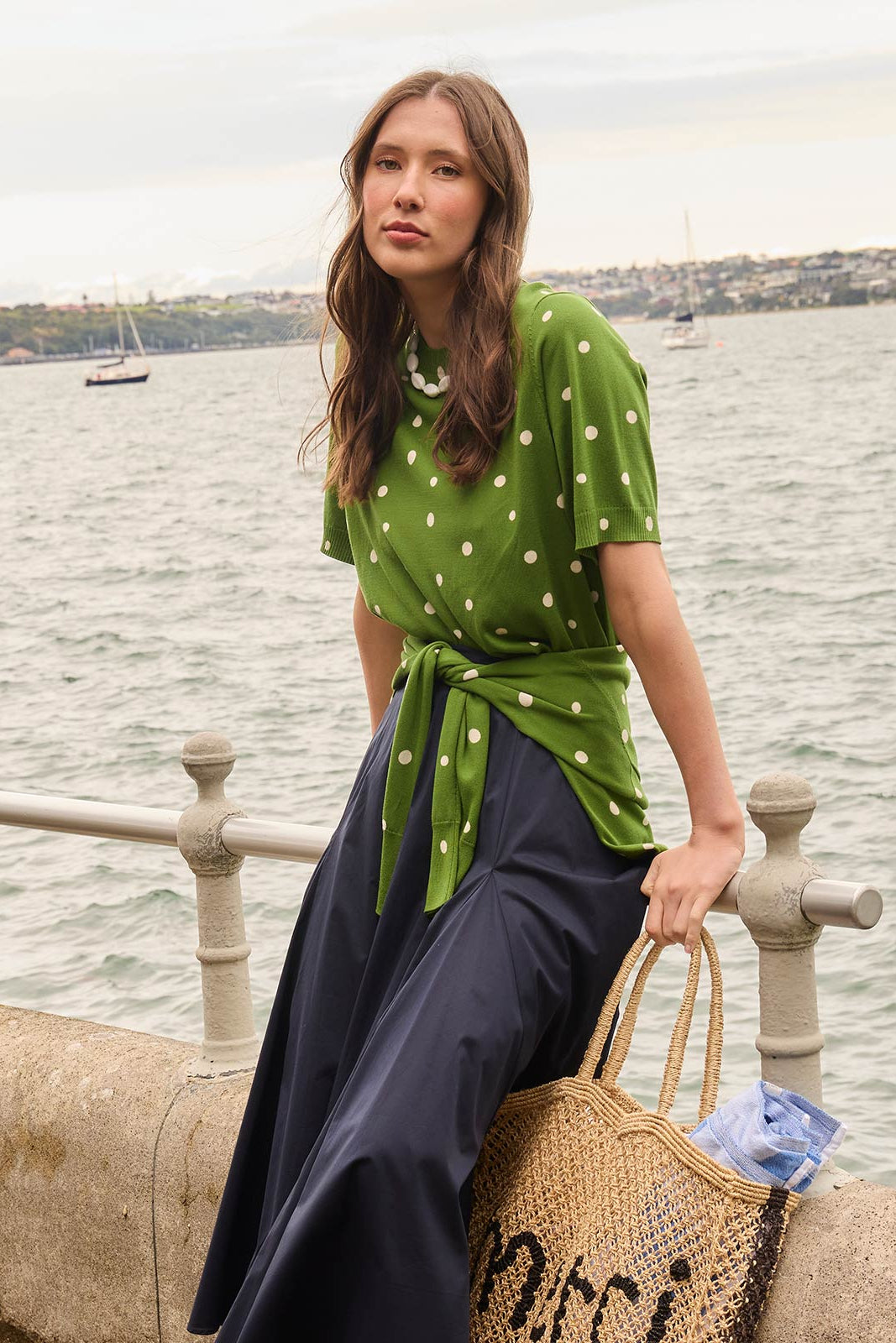 SILLS AVA SPOT TEE COTTON BLEND KNIT TEE GREEN WITH CREAM SPOTS AND NAVY WITH CREAM SPOTS