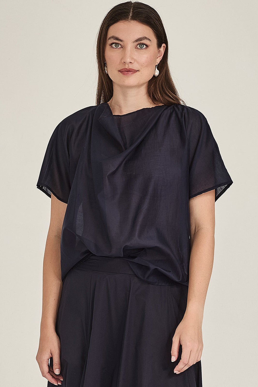 Sills Dana Breeze Top loose, short-sleeved draped blouse with a high cowl neckline in colours, sand, navy green, ivory and black
