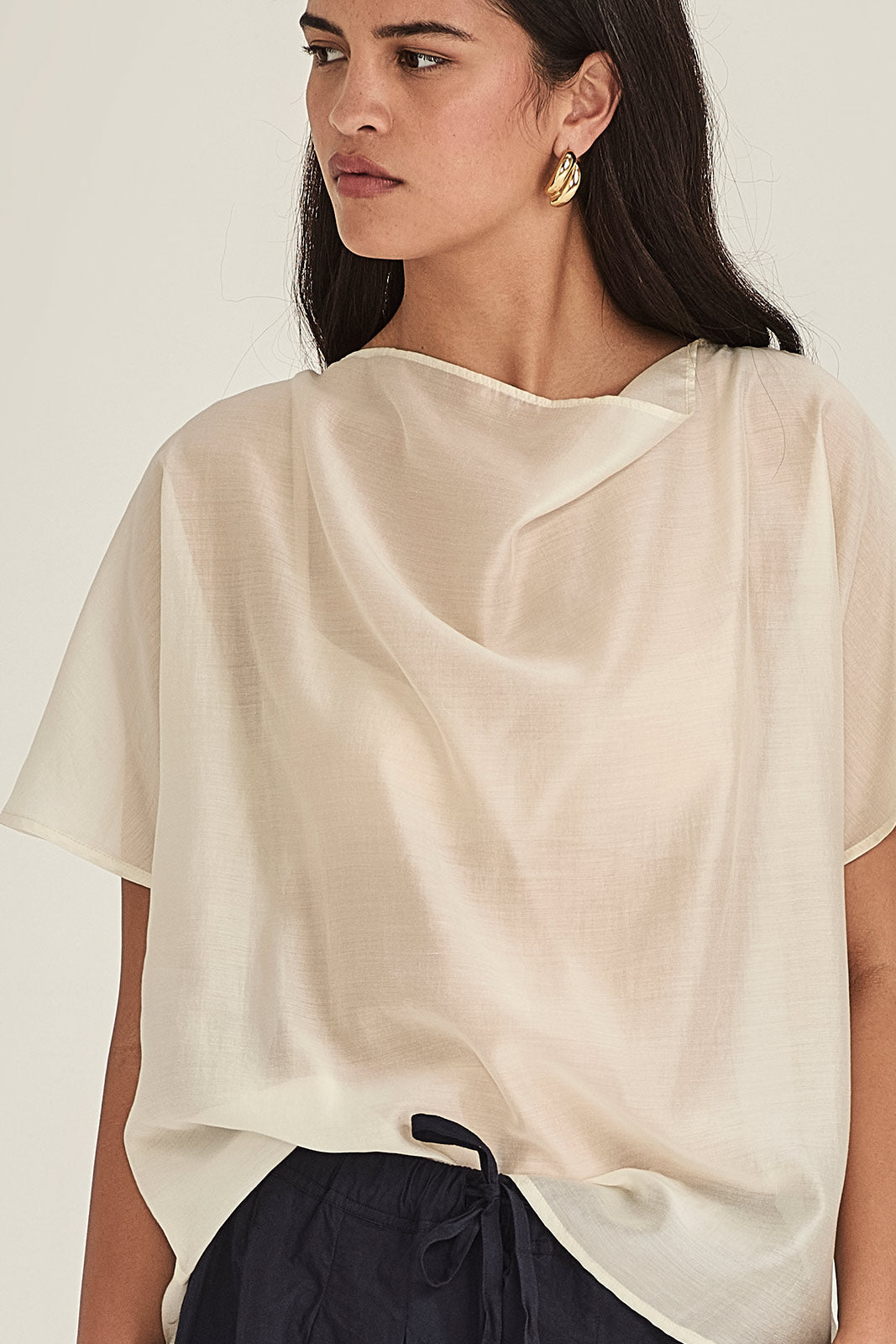 Sills Dana Breeze Top loose, short-sleeved draped blouse with a high cowl neckline in colours, sand, navy green, ivory and black