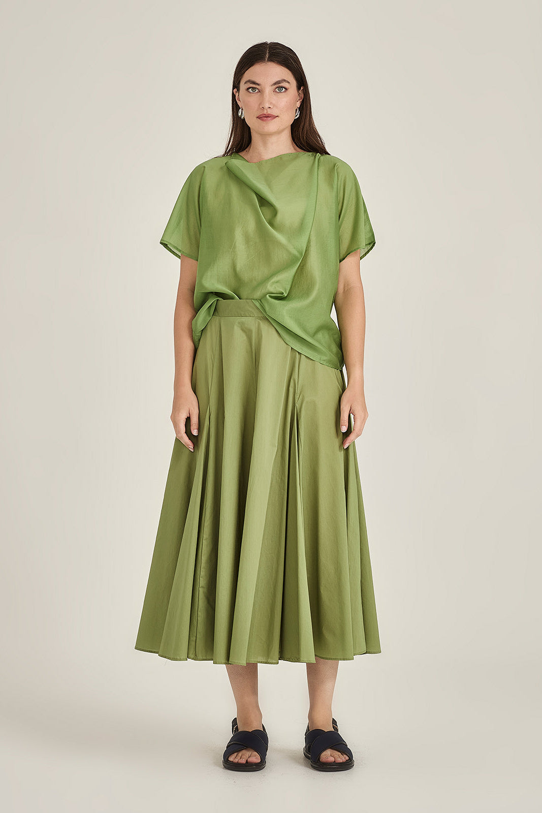 Sills Dana Breeze Top loose, short-sleeved draped blouse with a high cowl neckline in colours, sand, navy green, ivory and black