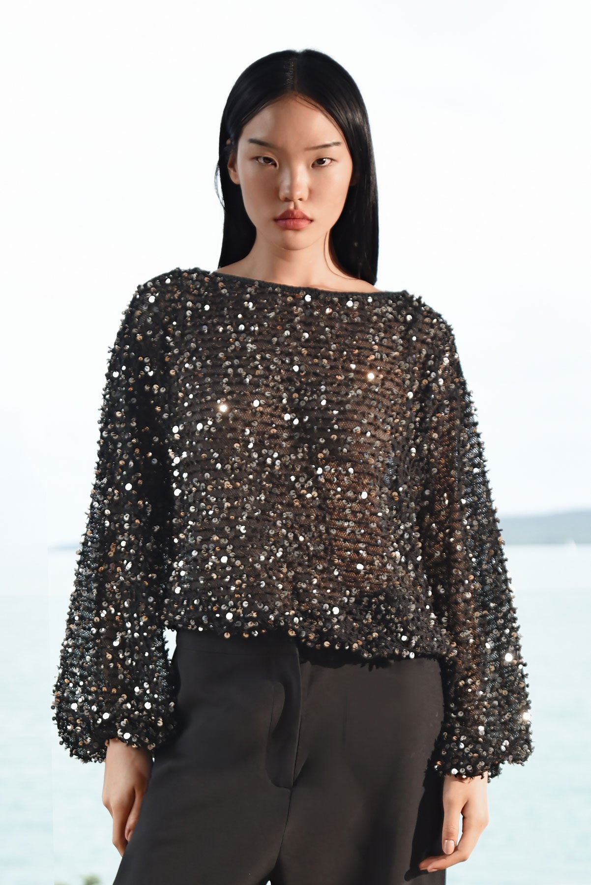 TRELISE COOPER SHIMMY AND SHINE TOP POLYESTER BLACK GOLD SEQUIN