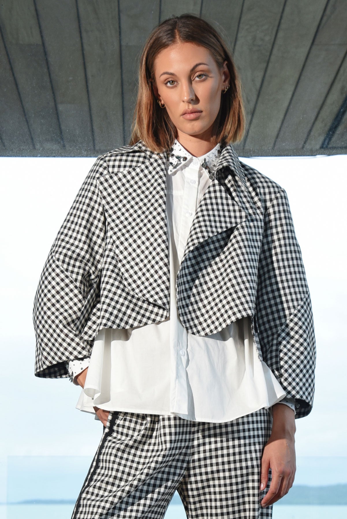 TRELISE COOPER ART OF ME JACKET BLACK AND WHITE GINGHAM CROPPED OPEN JACKET WITH BARREL SLEEVES