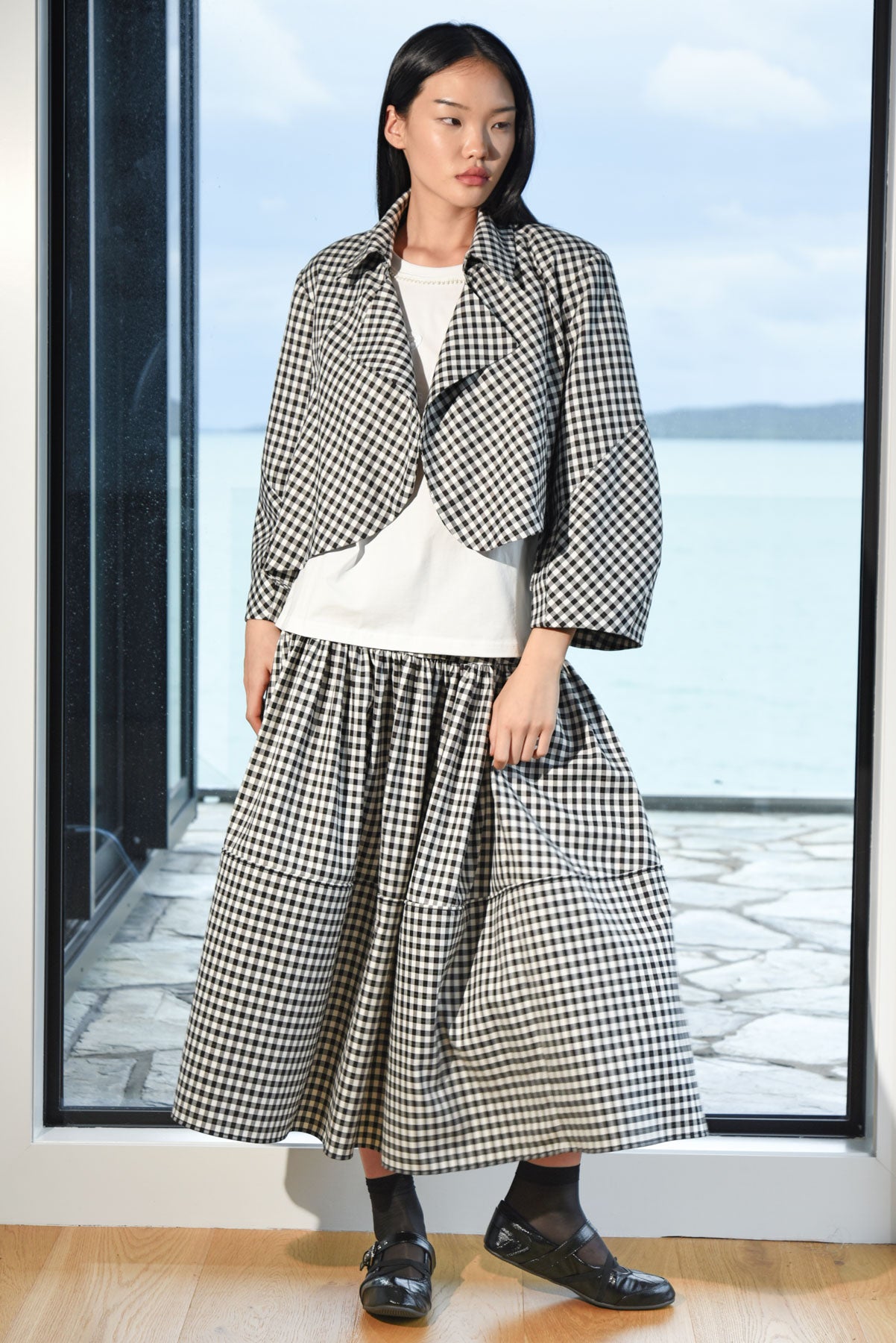 TRELISE COOPER ART OF ME JACKET BLACK AND WHITE GINGHAM CROPPED OPEN JACKET WITH BARREL SLEEVES