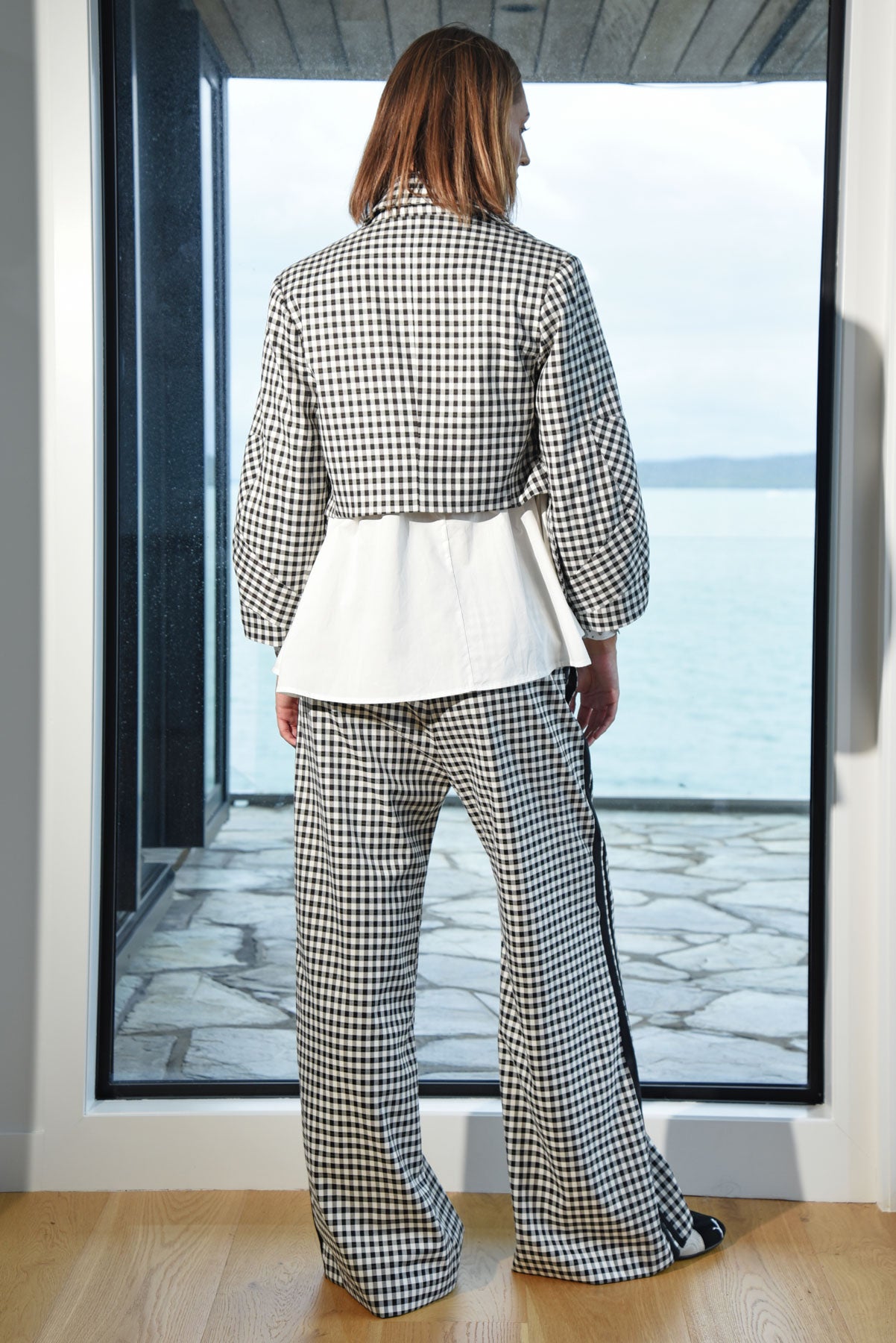 TRELISE COOPER WALK AND TALK TROUSER BLACK AND WHITE GINGHAM PANT WTH DOUBLE BLACK RACING STRIPE DOWN OUTSIDE OF EACH LEG