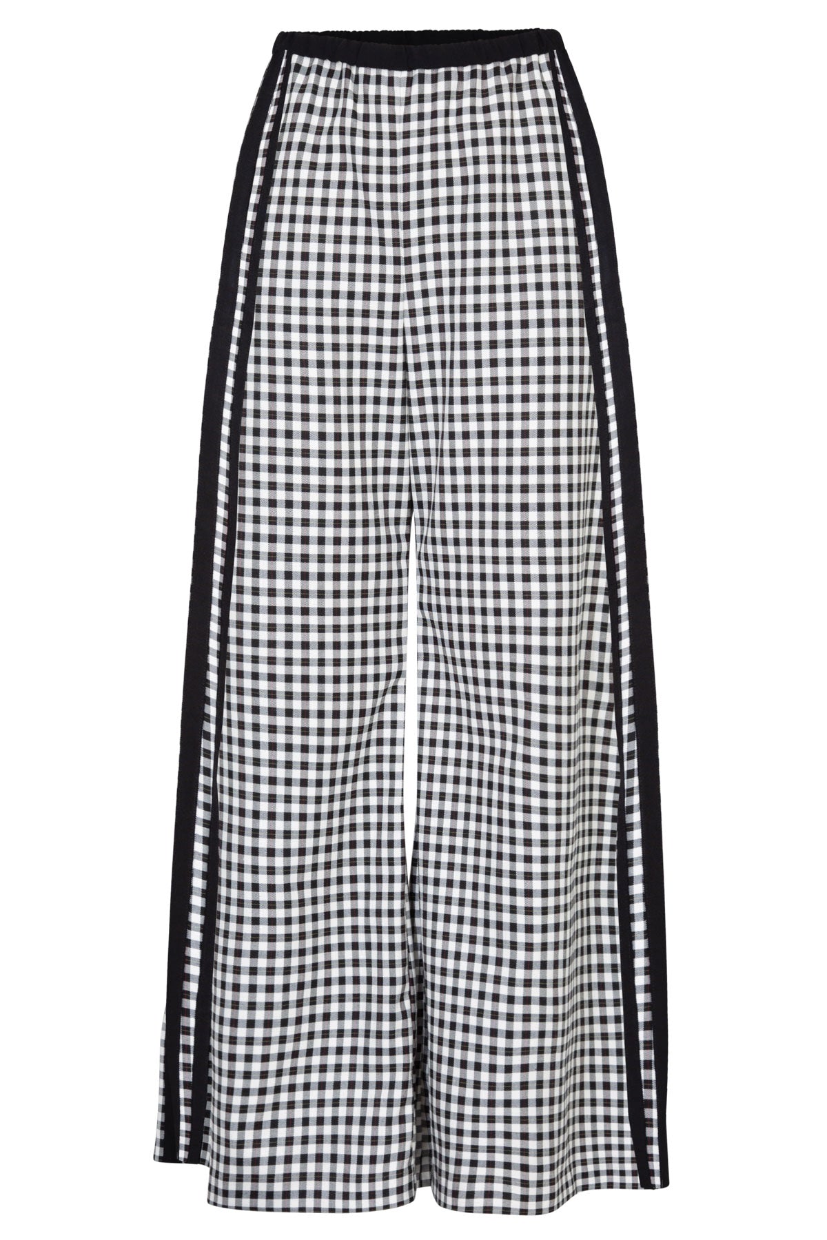 TRELISE COOPER WALK AND TALK TROUSER BLACK AND WHITE GINGHAM PANT WTH DOUBLE BLACK RACING STRIPE DOWN OUTSIDE OF EACH LEG