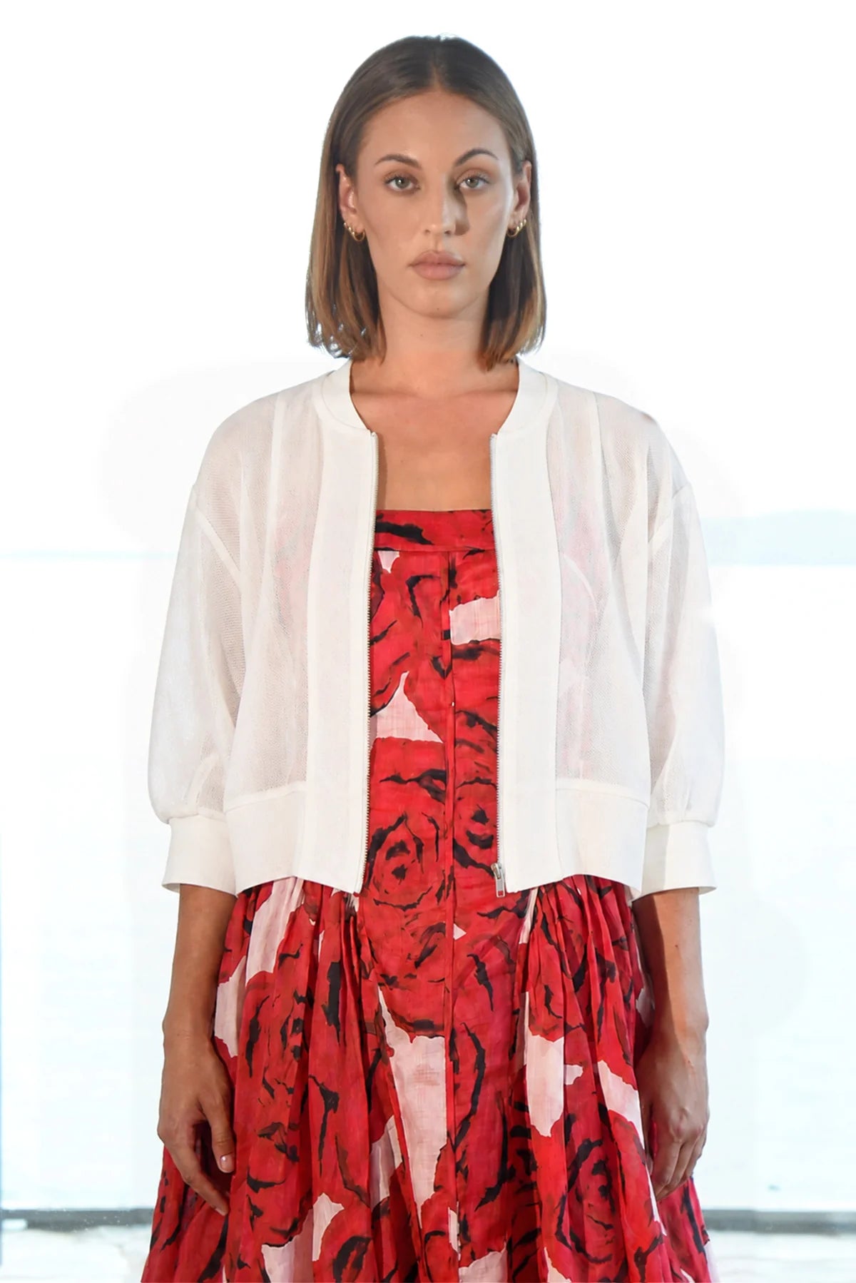TRELISE COOPER CROP DEAD GORGEOUS JACKET BLACK WHITE JACKET SHEER LAYER ACETATE POLYESTER ARM COVER