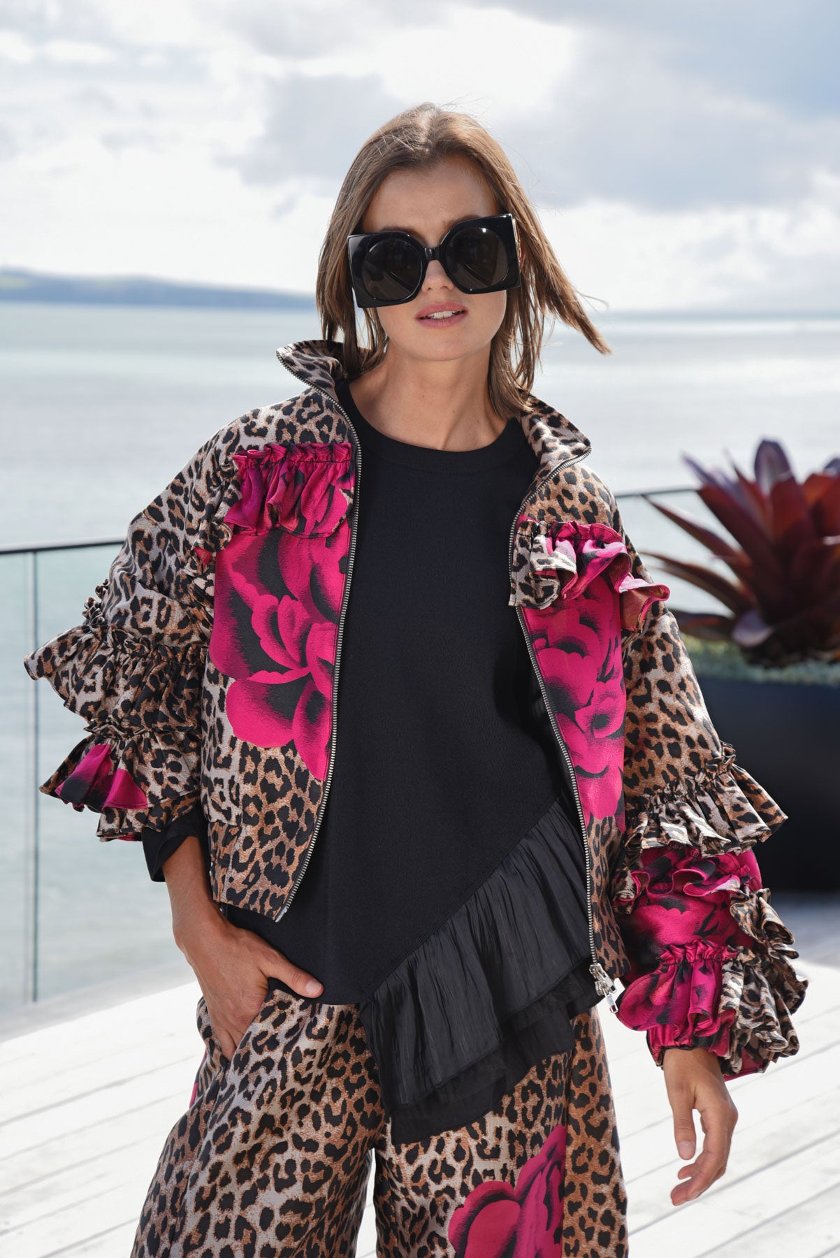 TRELISE COOPER WHAT FRILL IT BE JACKET POLYESTER ANIMAL PRINT LEOPARD FLORAL JACKET RUFFLES