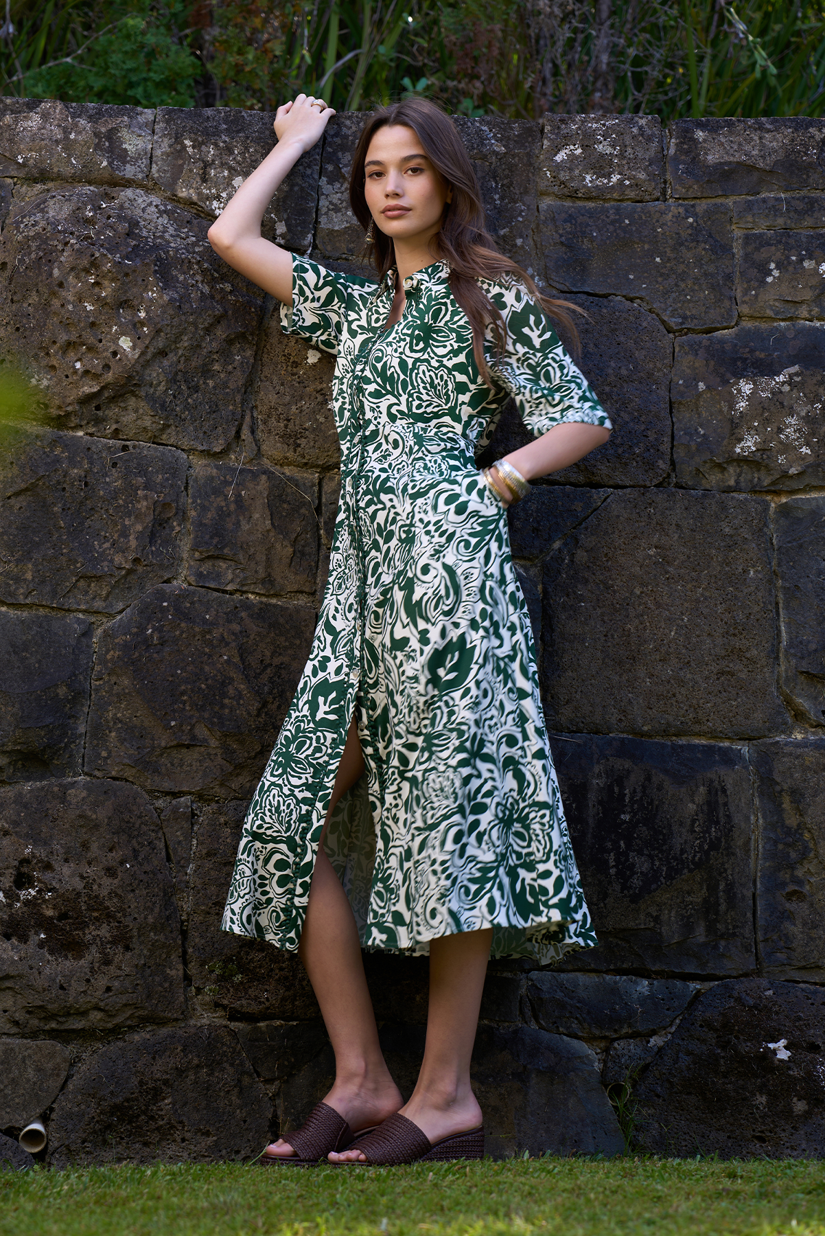 LOOBIES STORY TEARDROP SHIRT DRESS VISCOSE RAYON SPANDEX GREEN MIDI DRESS