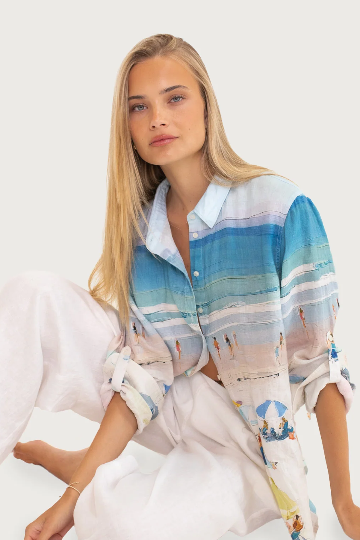 HUT BOYFRIEND LINEN SHIRT LINEN BEACH PRINT TOP