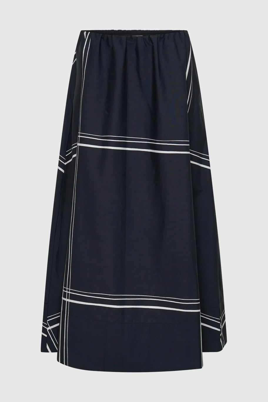 MORRISON VICTOR SKIRT COTTON NAVY MAXI SKIRT WITH MINIMAL WHITE SQUARE STRIPES AND SUBTLE GATHERING ALONG THE WASITBAND