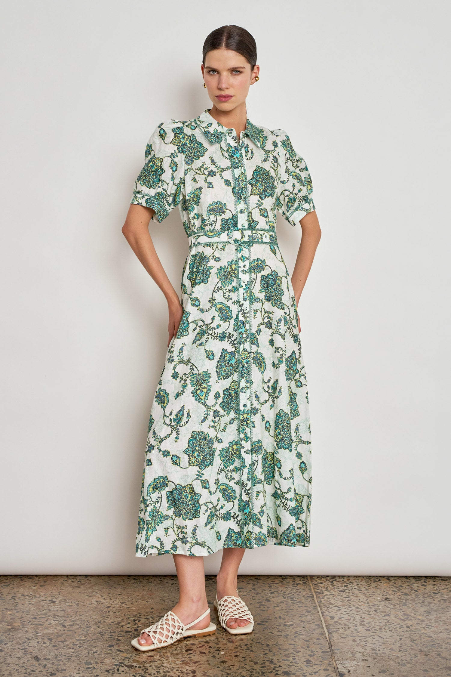 ZOE KRATZMANN ADMIRE DRESS LINEN SHIRT DRESS MIDI GREEN PAISLEY FLORAL