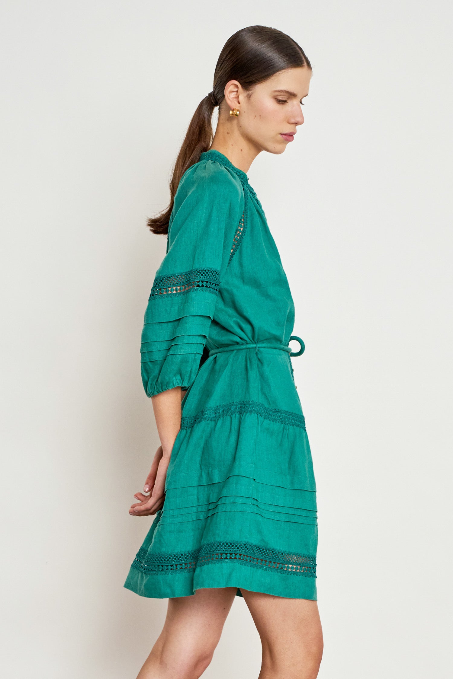 ZOE KRATZMANNJOSTLE DRESS LINEN MINI DRESS GREEN CEDAR EMBROIDERED