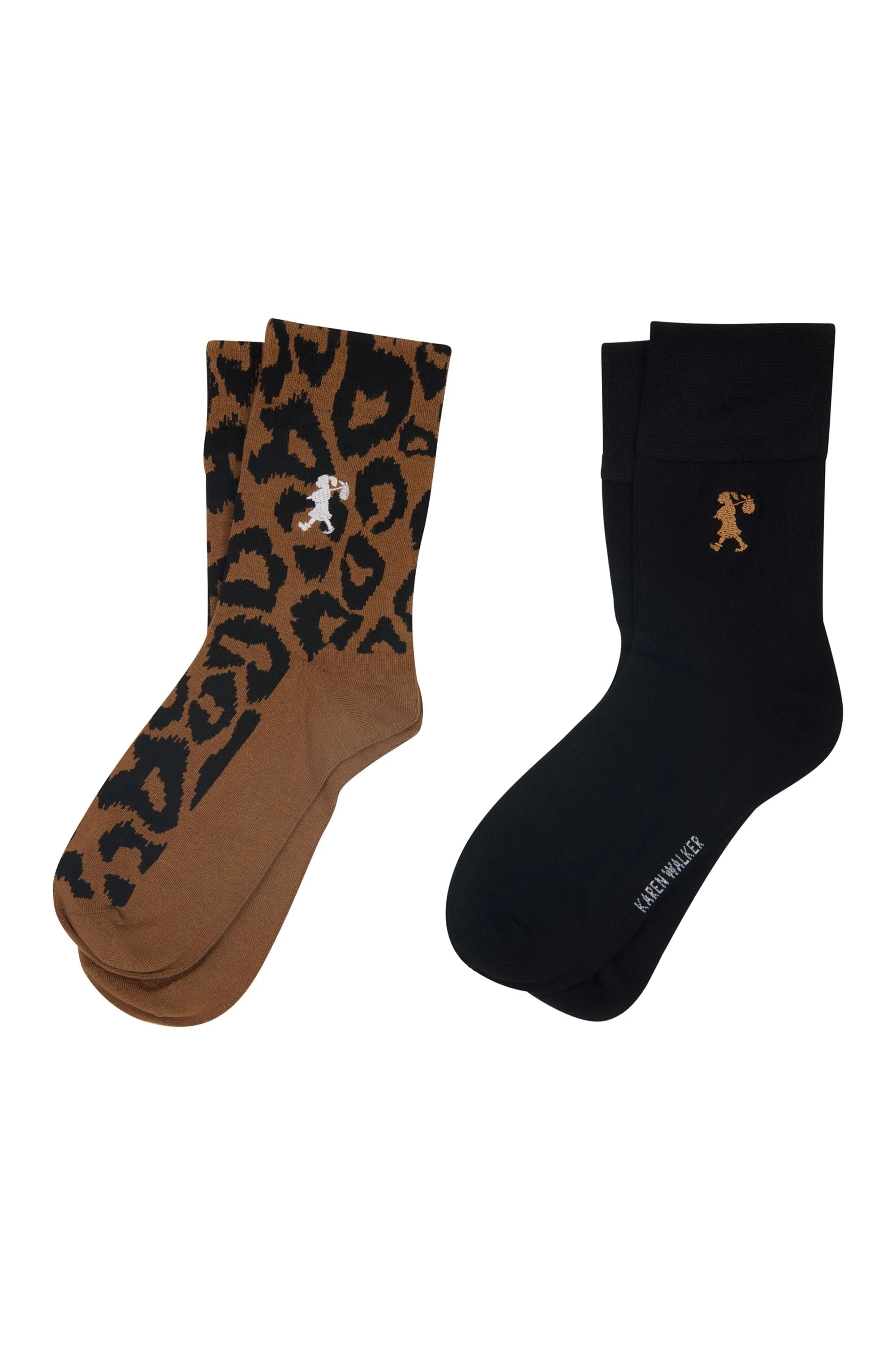 KAREN WALKER LEOPARD SOCKS 2 PACK LEOPARD TAN BLACK ANIMAL PRINT BAMBOO POLYAMIDE ELASTANE