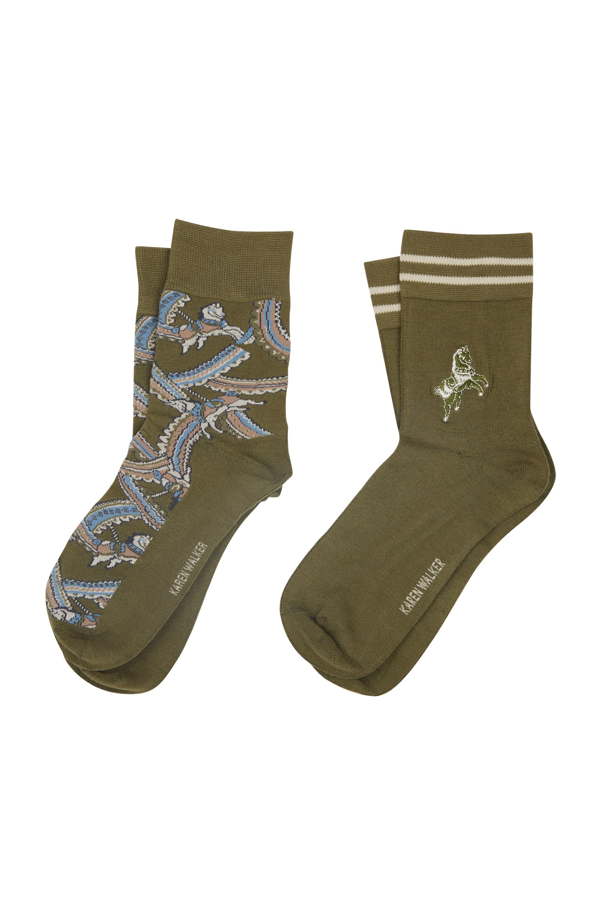 KAREN WALKER CAROUSEL SOCKS 2 PACK CREAM GREEN HORSE BAMBOO POLYAMIDE ELASTANE
