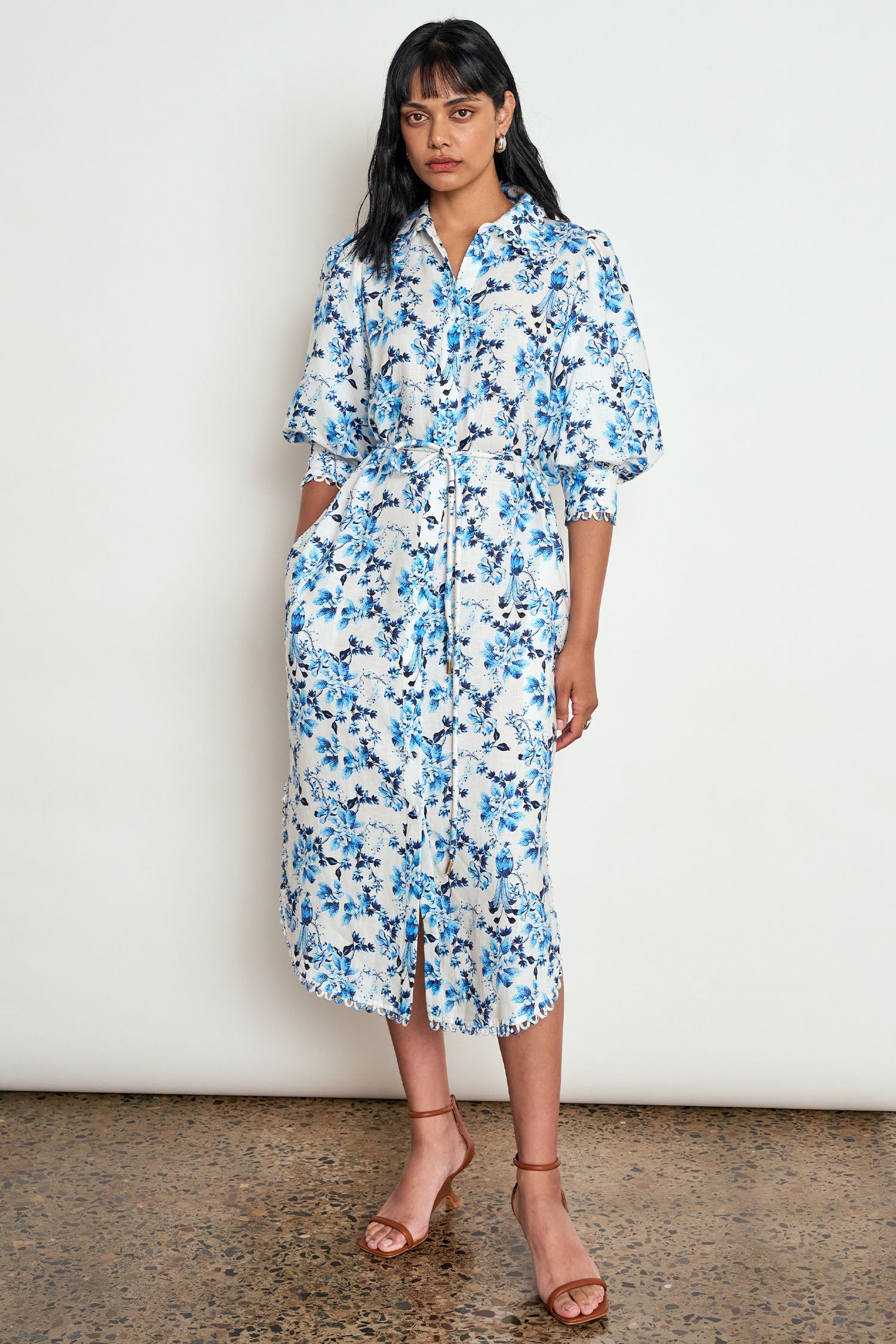 ZOE KRATZMANN HEIR DRESS SONGBIRD BLUE FLORAL LYOCELL LINEN MIDI SHIRT DRESS