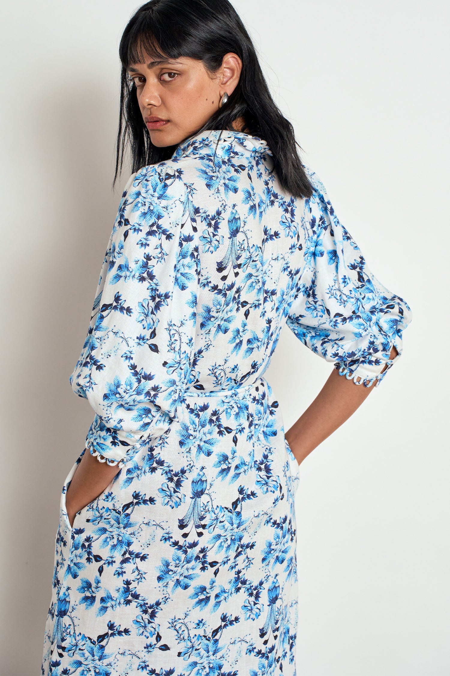 ZOE KRATZMANN HEIR DRESS SONGBIRD BLUE FLORAL LYOCELL LINEN MIDI SHIRT DRESS