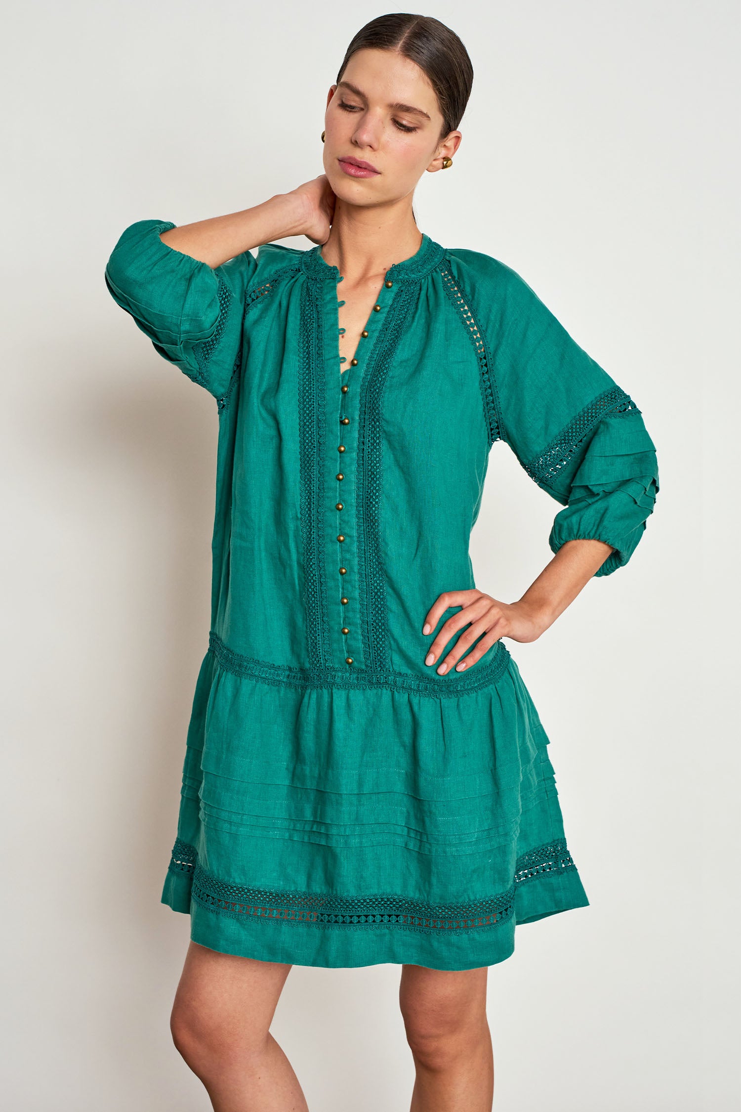 ZOE KRATZMANNJOSTLE DRESS LINEN MINI DRESS GREEN CEDAR EMBROIDERED