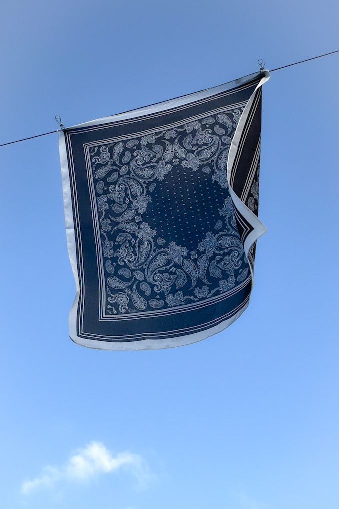 WENDYS SCARF SILK FEEL POLYESTER BLACK AND WHITE PERSIAN PRINT WITH MULTIPLE BLACK AND WHITE BOARDERS