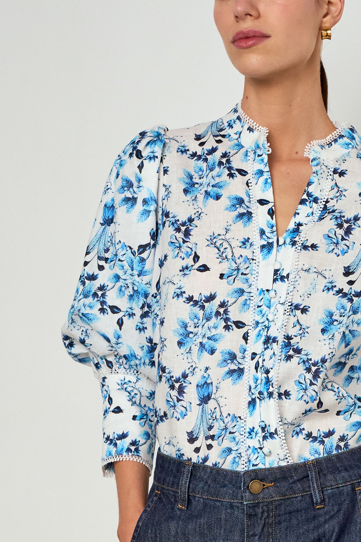 ZOE KRATZMANN PROCLAIM TOP LINEN BLOUSE BLUE FLORAL SONGBIRD