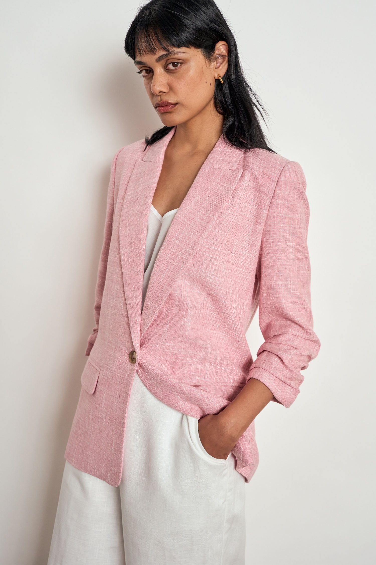 ZOE KRATZMANN REFINE JACKET polyester cotton linen blazer ballet pink and storm grey