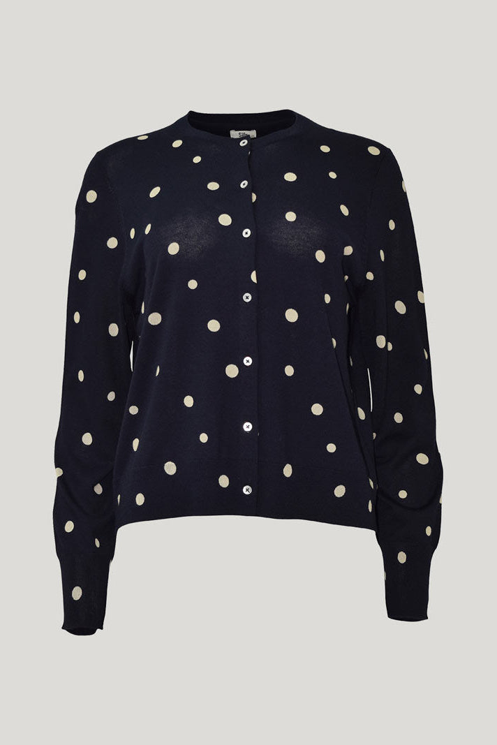 SILLS KAIA SPOT CARDIGAN COTTON KNIT CARDIGAN NAVY WITH CREAM SPOT, GREEN WITH CREAM SPOT