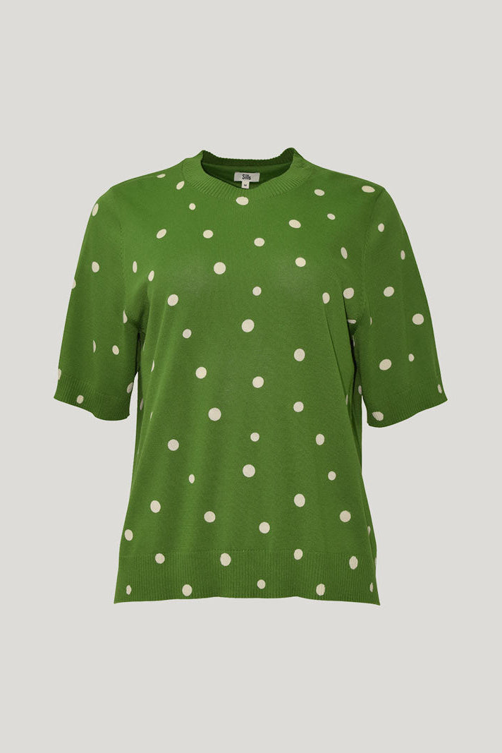 SILLS AVA SPOT TEE COTTON BLEND KNIT TEE GREEN WITH CREAM SPOTS AND NAVY WITH CREAM SPOTS