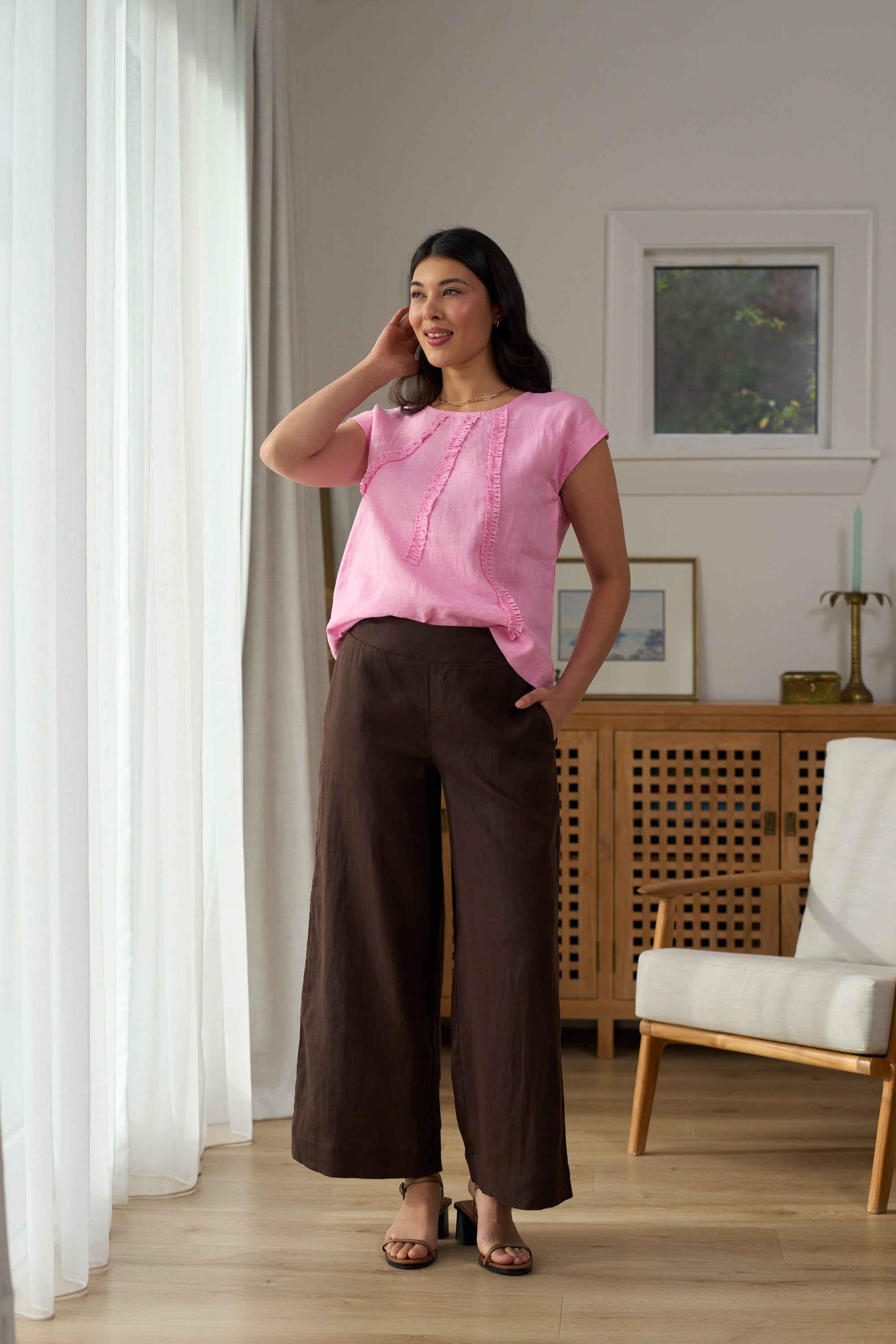 LONGBEACH FOIL PULL TOGETHER PANT BLACK COCO CHOCOLATE BROWN STRING NATURAL LINEN PANT