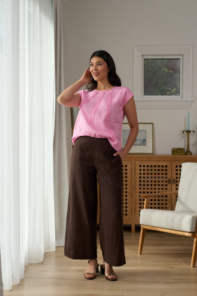 LONGBEACH FOIL PULL TOGETHER PANT BLACK COCO CHOCOLATE BROWN STRING NATURAL LINEN PANT