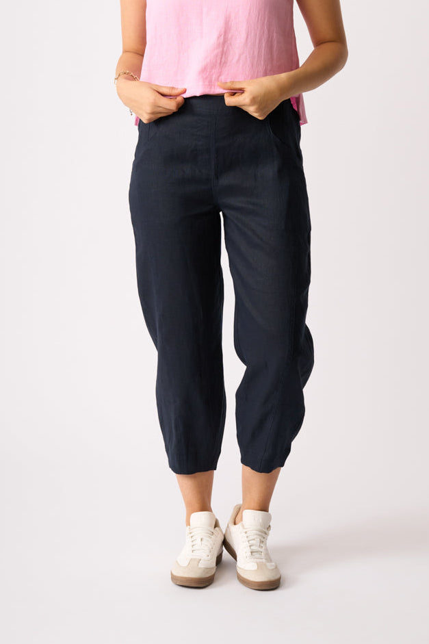 LONGBEACH FOIL TRIUMPHANT PANT NAVY COCO BROWN CHOCOLATE LINEN PANT