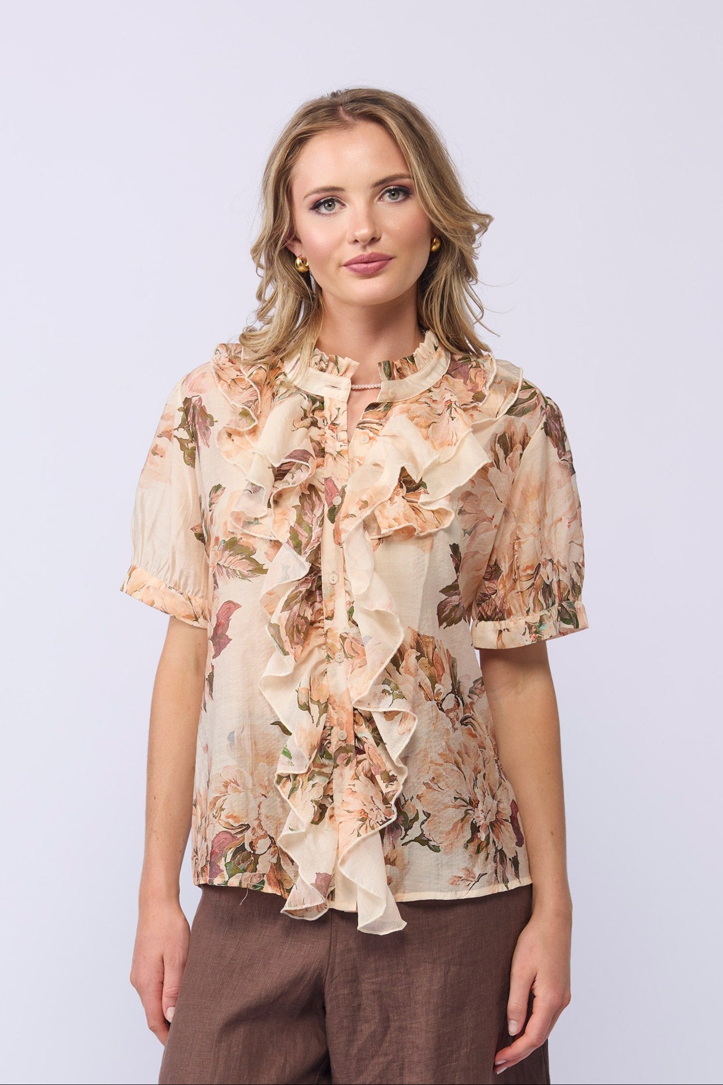 DRAMA WISH BLOUSE RAYON NYLON PINK FLORAL RUFFLE TOP